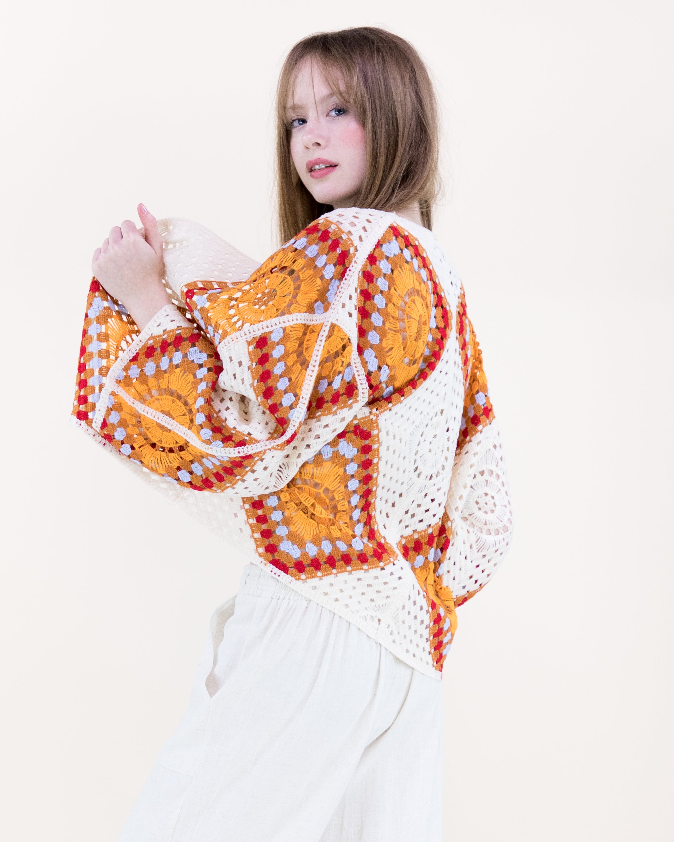 Sunburst Mosaic Open Stitch Long Sleeve Cardigan - ORANGE (OS) (Pack of 6)