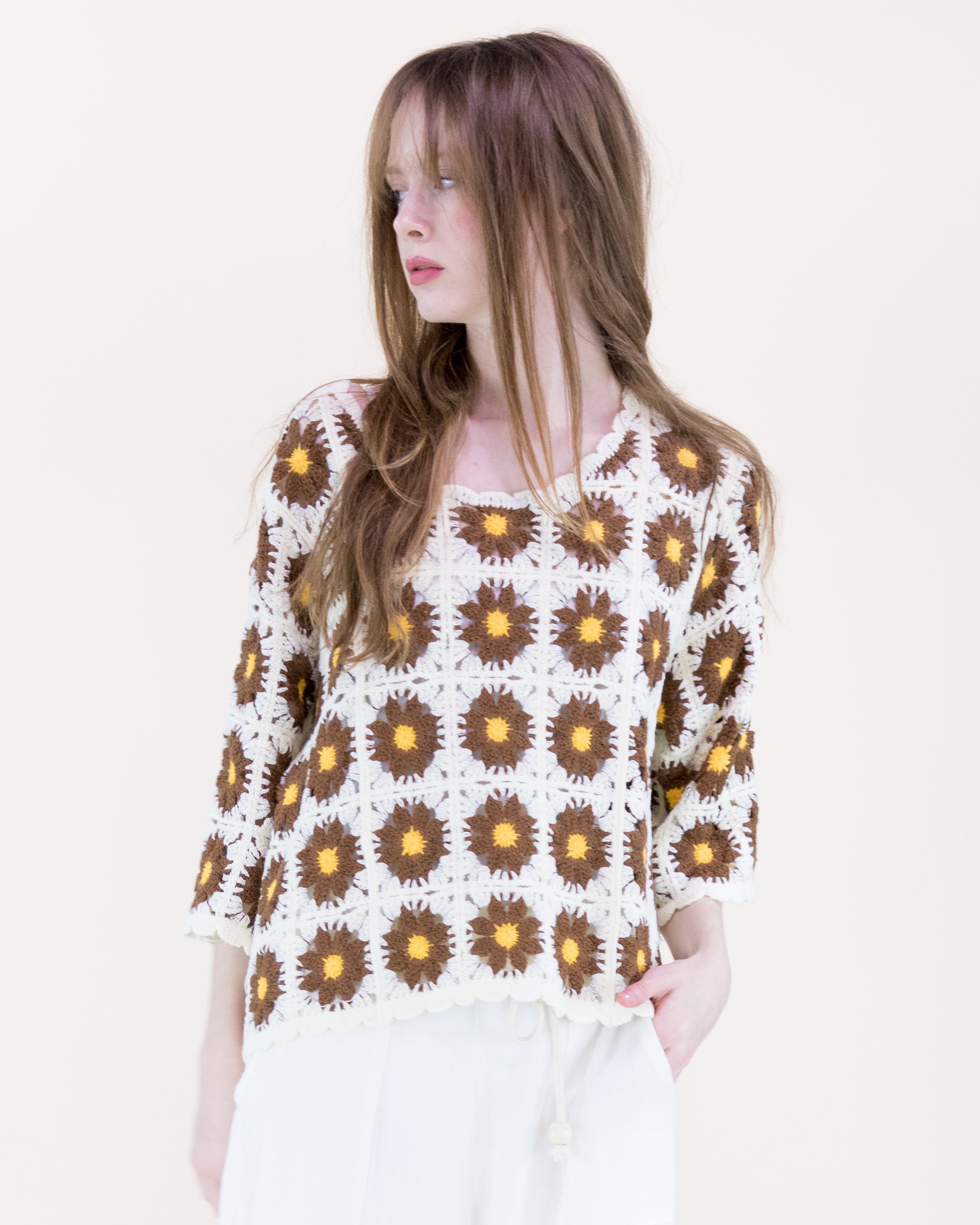 Daisy Cotton Crochet Quarter Sleeve Summer Sweater - WHITE (OS) (Pack of 6)