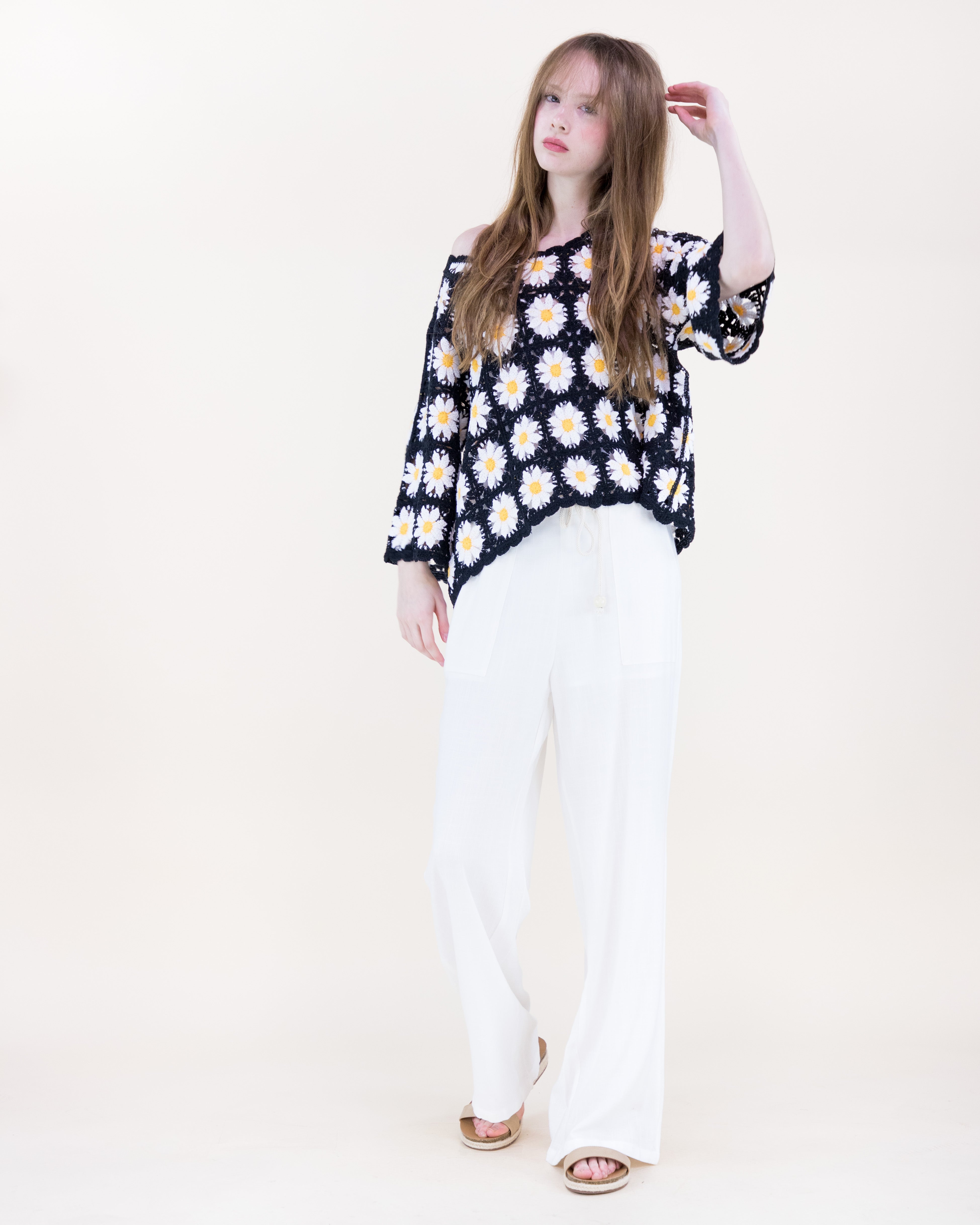 Daisy Cotton Crochet Quarter Sleeve Summer Sweater - WHITE (OS) (Pack of 6)