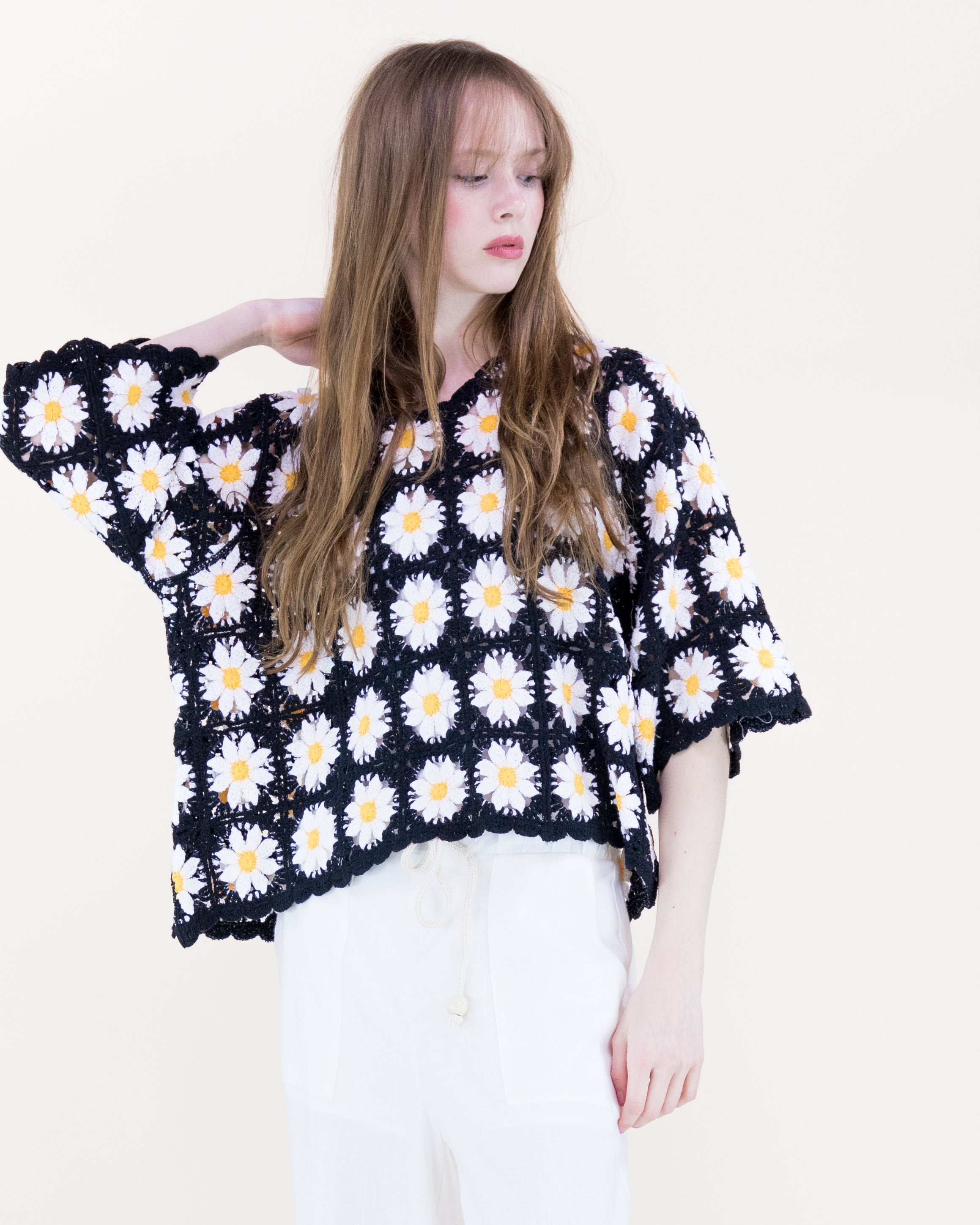 Daisy Cotton Crochet Quarter Sleeve Summer Sweater - WHITE (OS) (Pack of 6)