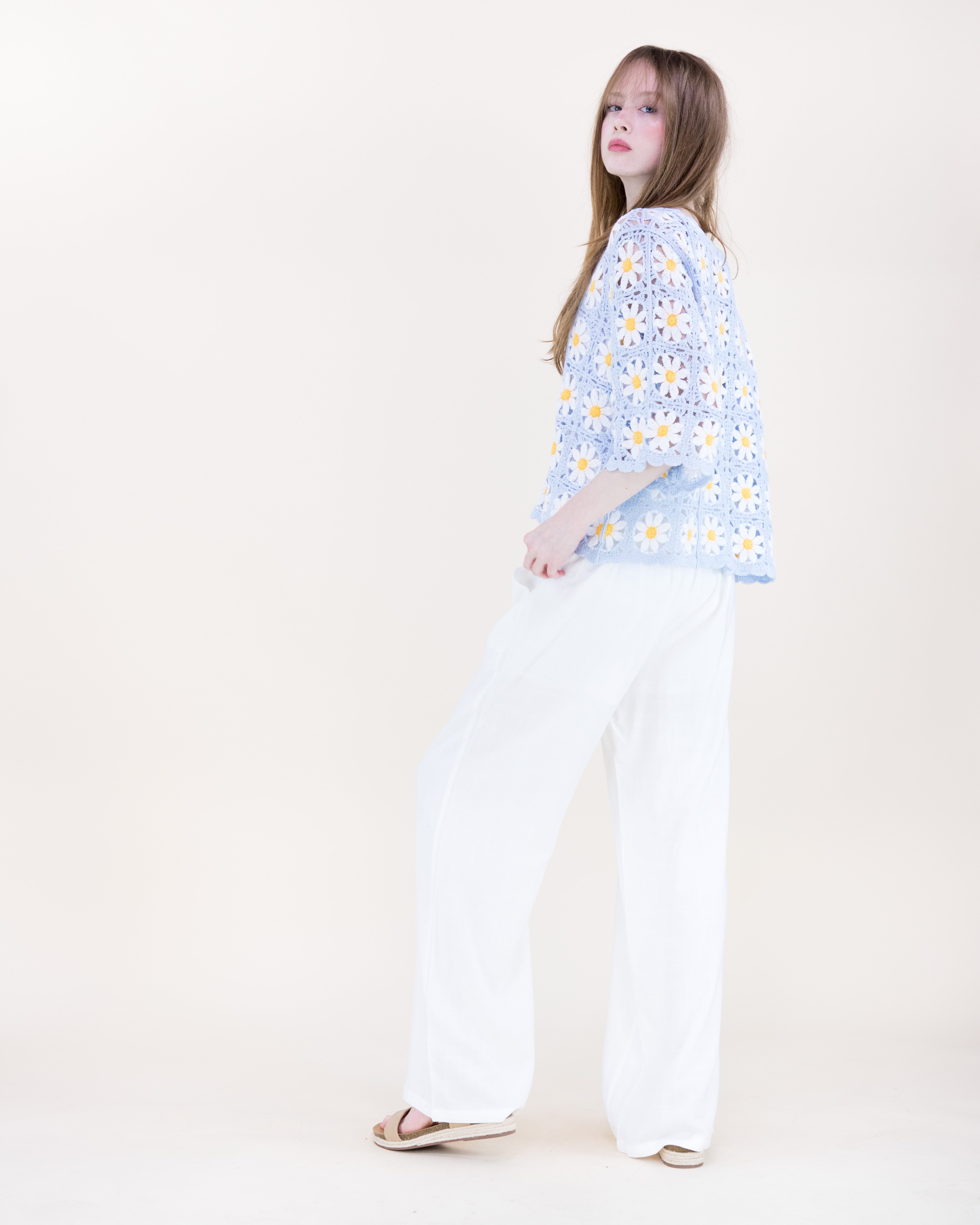 Daisy Cotton Crochet Quarter Sleeve Summer Sweater - WHITE (OS) (Pack of 6)