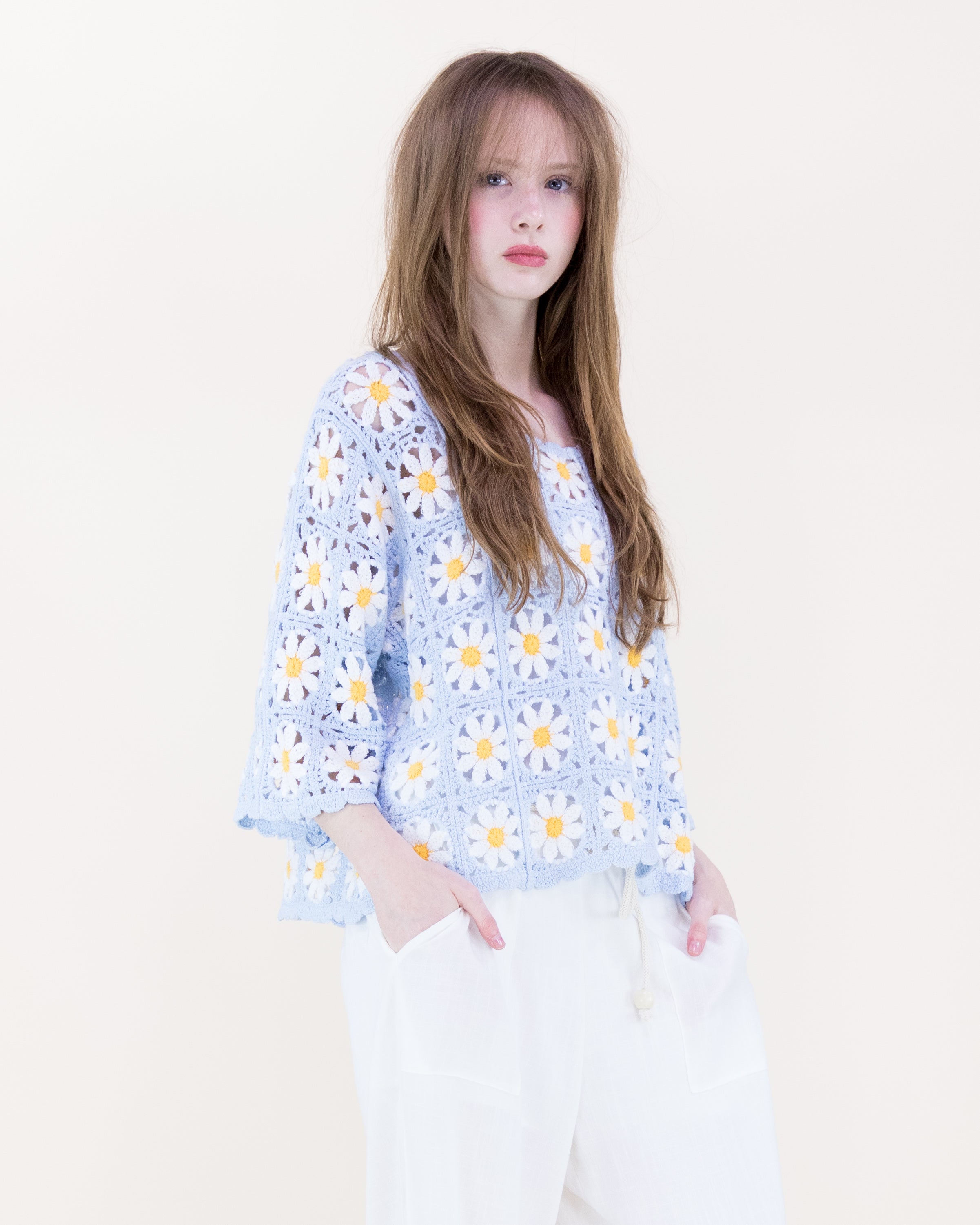 Daisy Cotton Crochet Quarter Sleeve Summer Sweater - WHITE (OS) (Pack of 6)