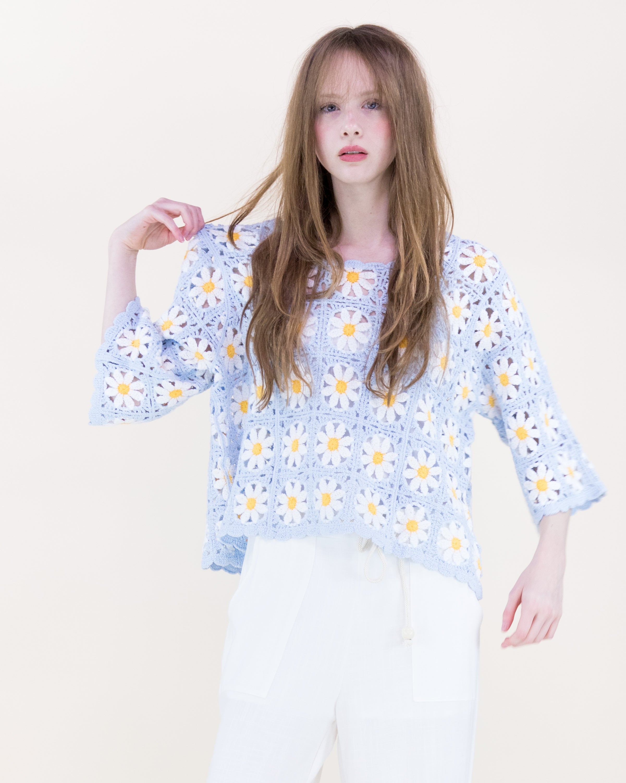 Daisy Cotton Crochet Quarter Sleeve Summer Sweater - WHITE (OS) (Pack of 6)