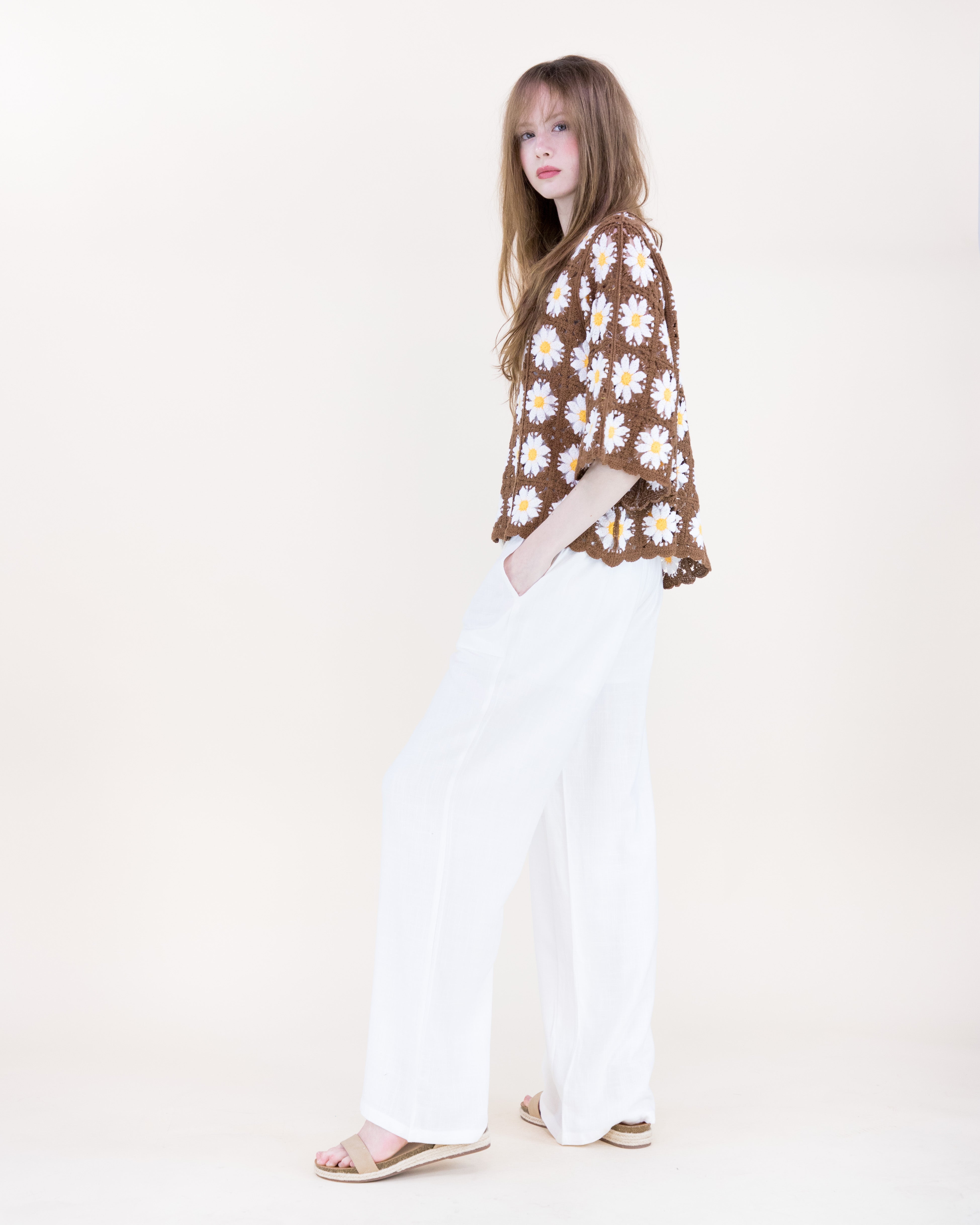 Daisy Cotton Crochet Quarter Sleeve Summer Sweater - WHITE (OS) (Pack of 6)