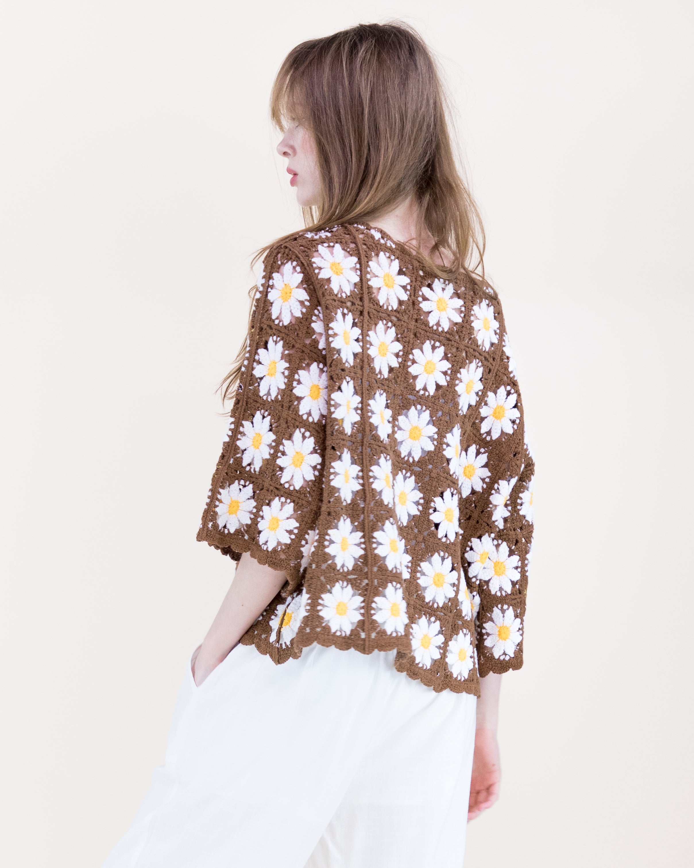 Daisy Cotton Crochet Quarter Sleeve Summer Sweater - WHITE (OS) (Pack of 6)