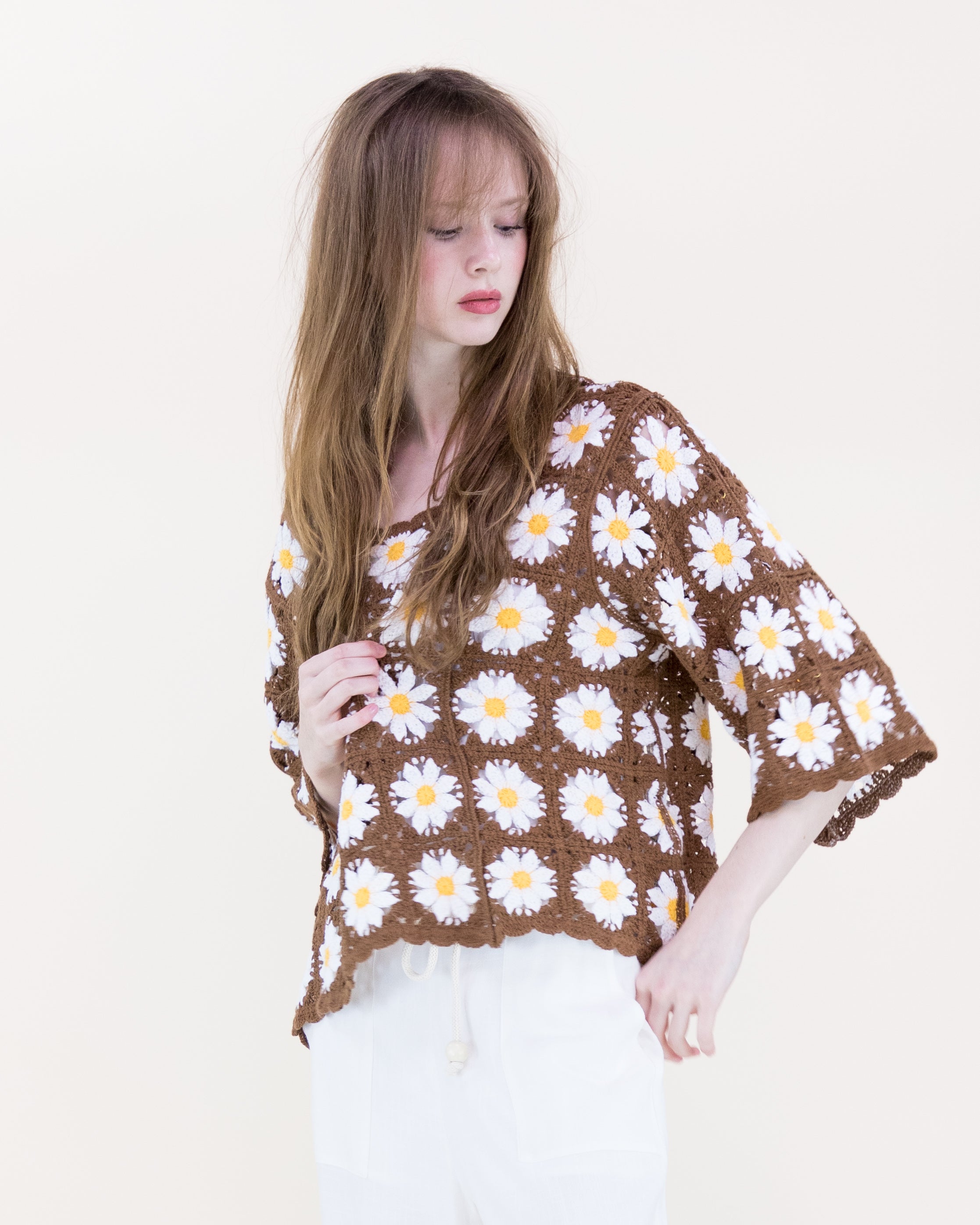 Daisy Cotton Crochet Quarter Sleeve Summer Sweater - WHITE (OS) (Pack of 6)