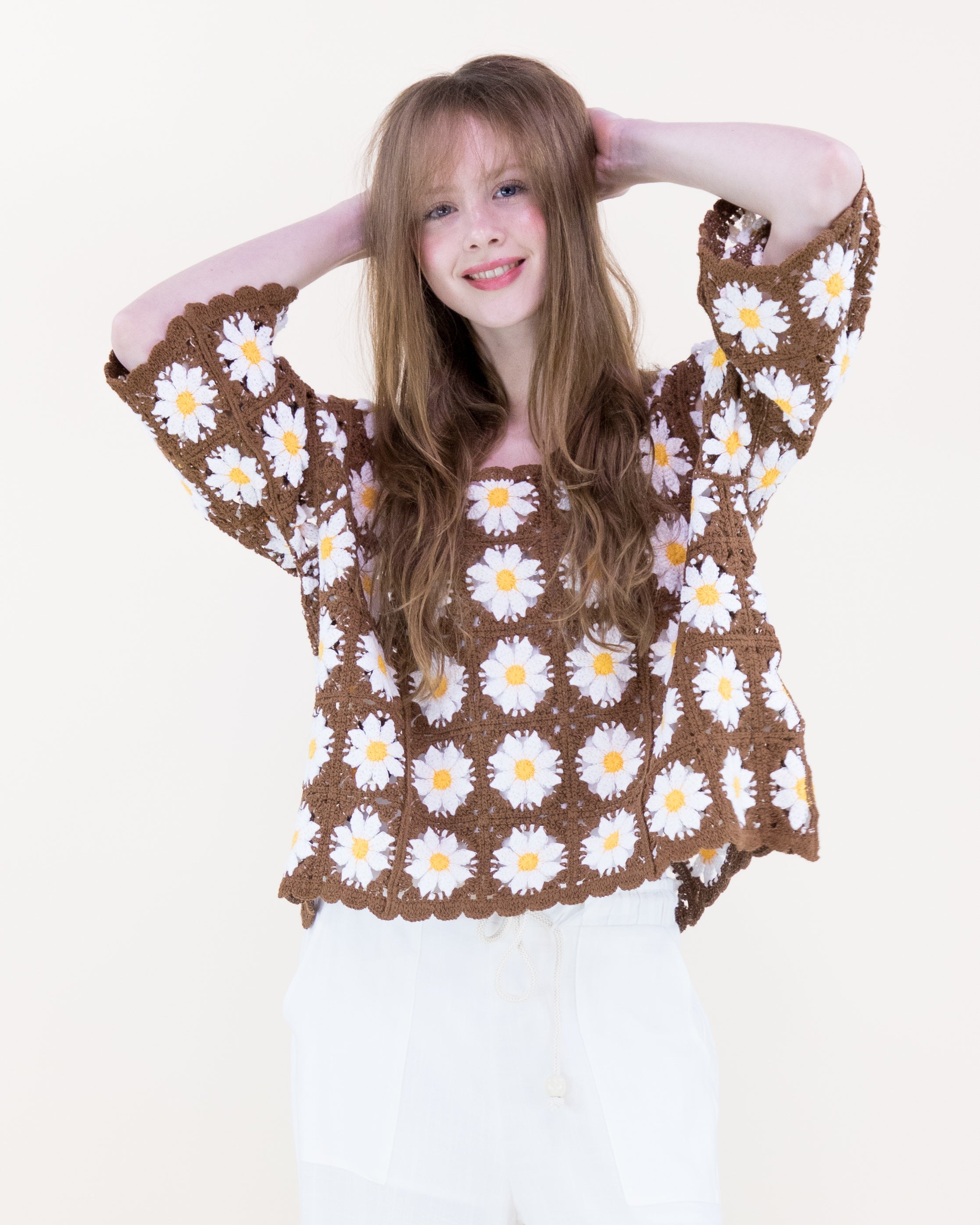 Daisy Cotton Crochet Quarter Sleeve Summer Sweater - WHITE (OS) (Pack of 6)