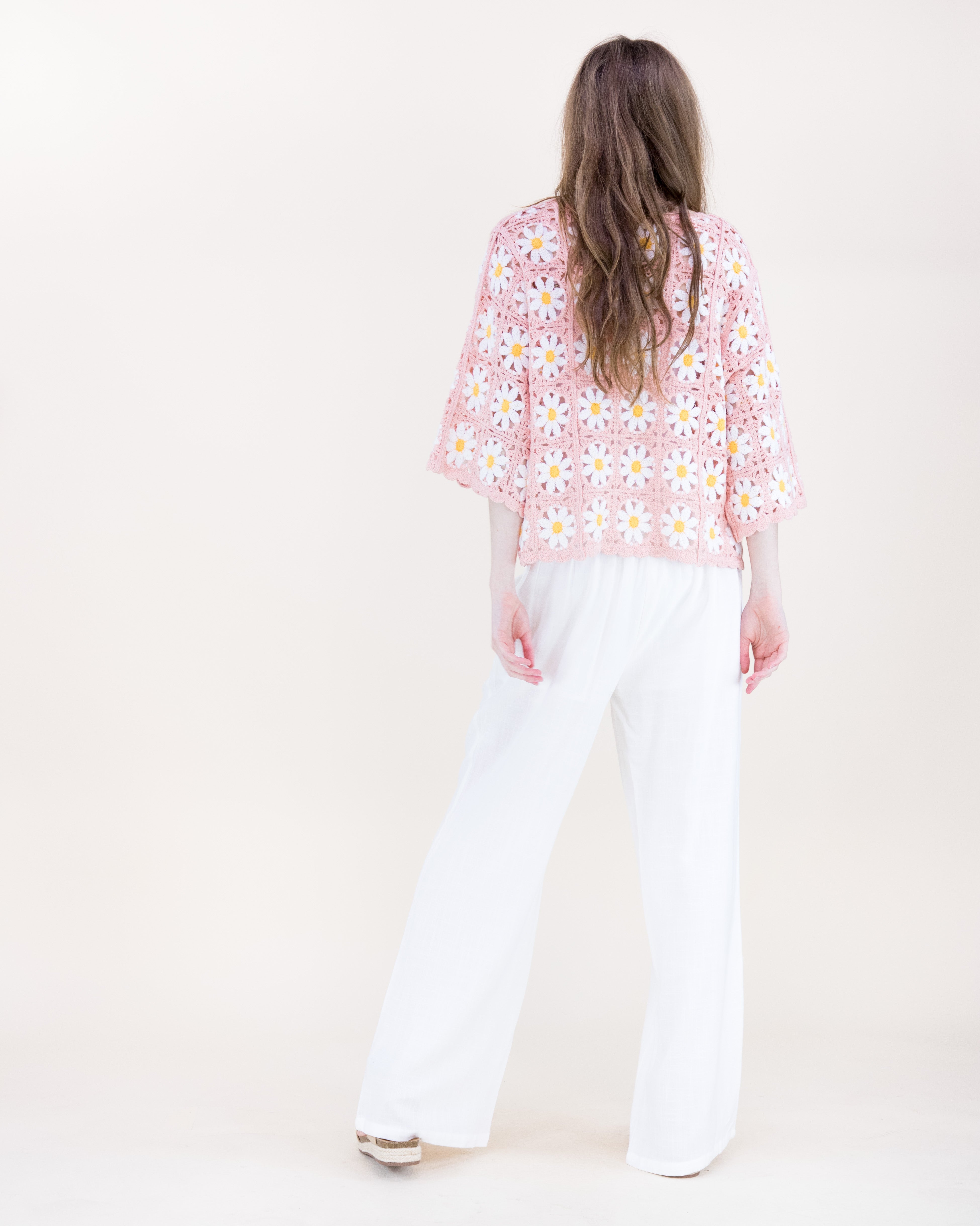 Daisy Cotton Crochet Quarter Sleeve Summer Sweater - WHITE (OS) (Pack of 6)