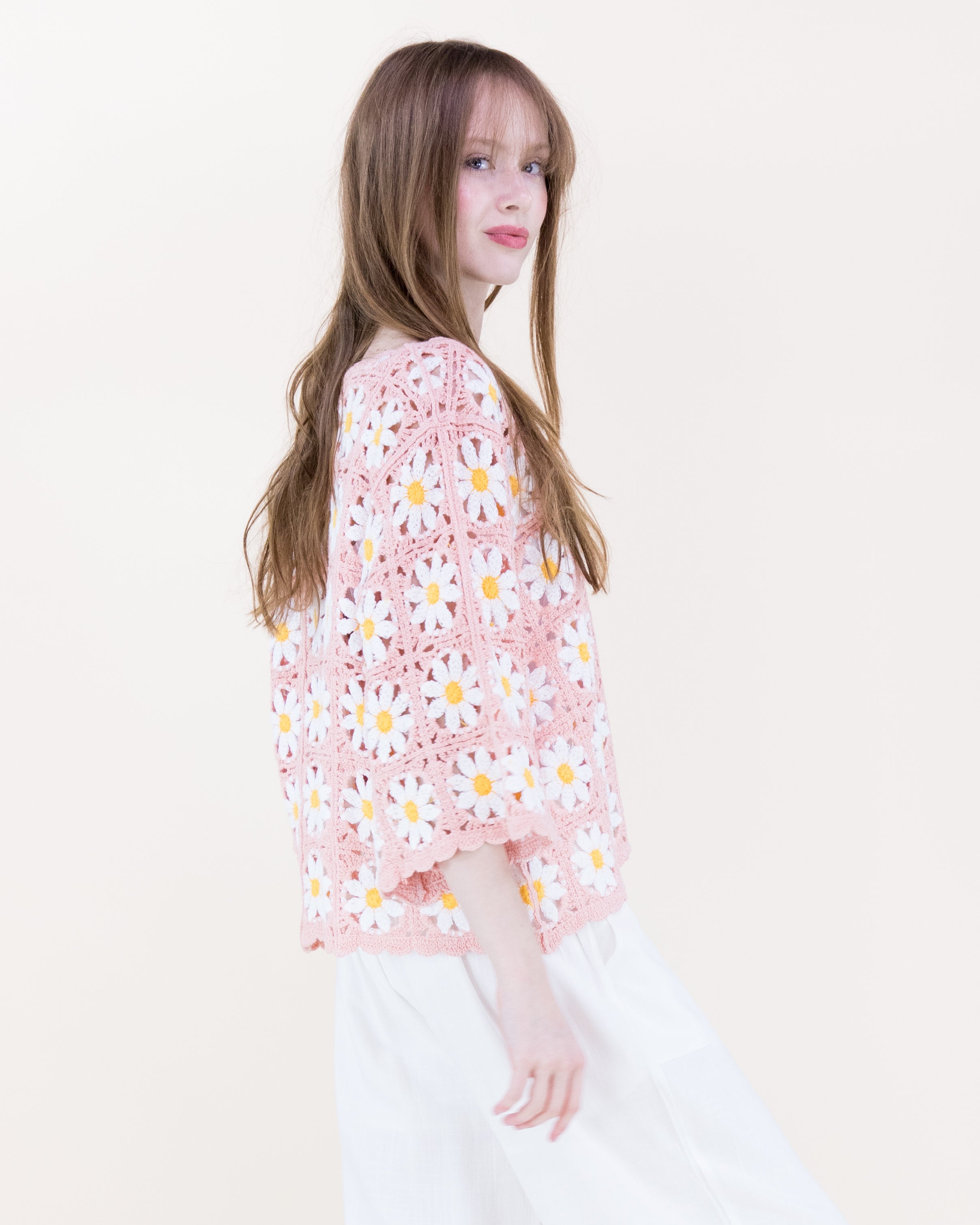 Daisy Cotton Crochet Quarter Sleeve Summer Sweater - WHITE (OS) (Pack of 6)