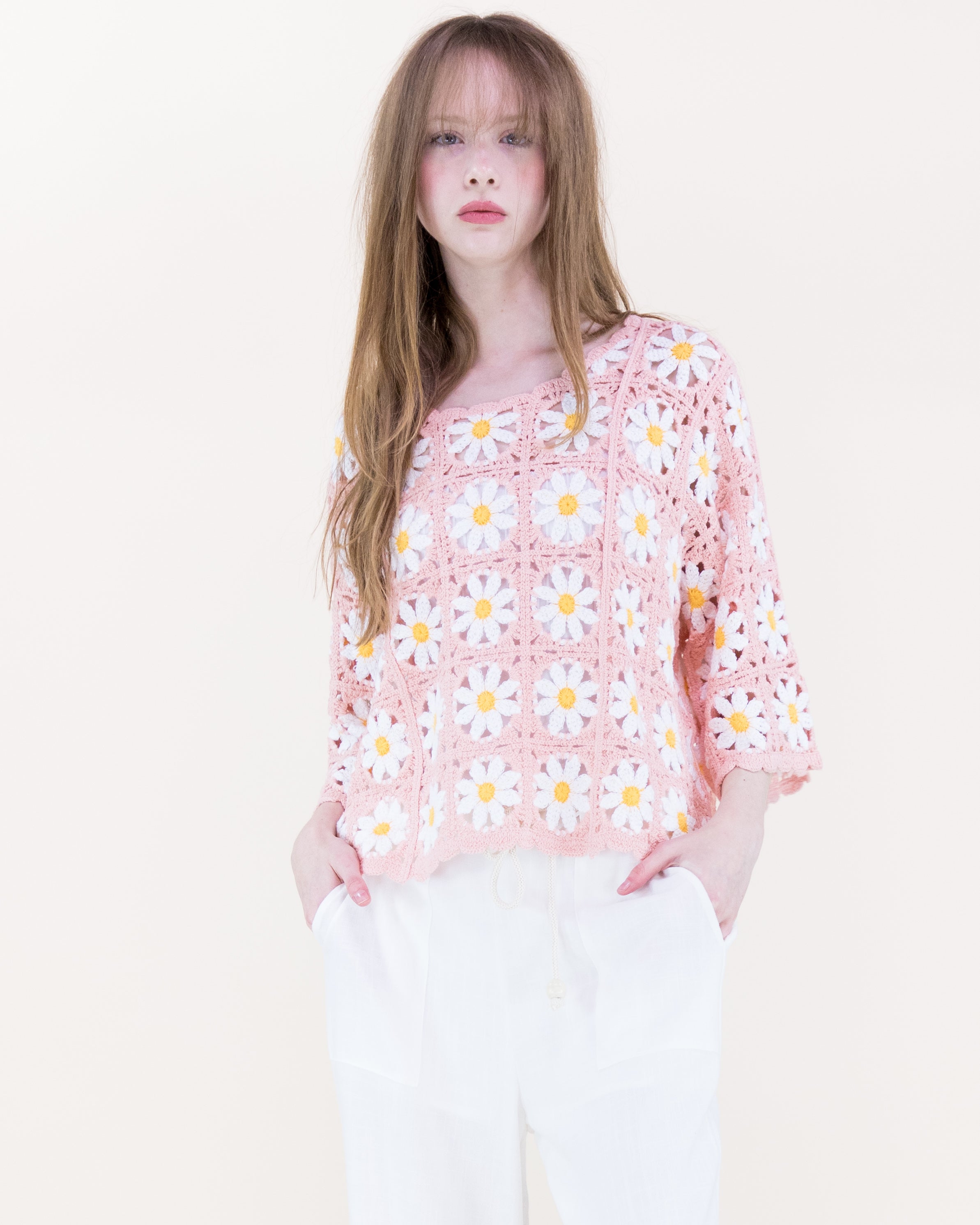 Daisy Cotton Crochet Quarter Sleeve Summer Sweater - WHITE (OS) (Pack of 6)