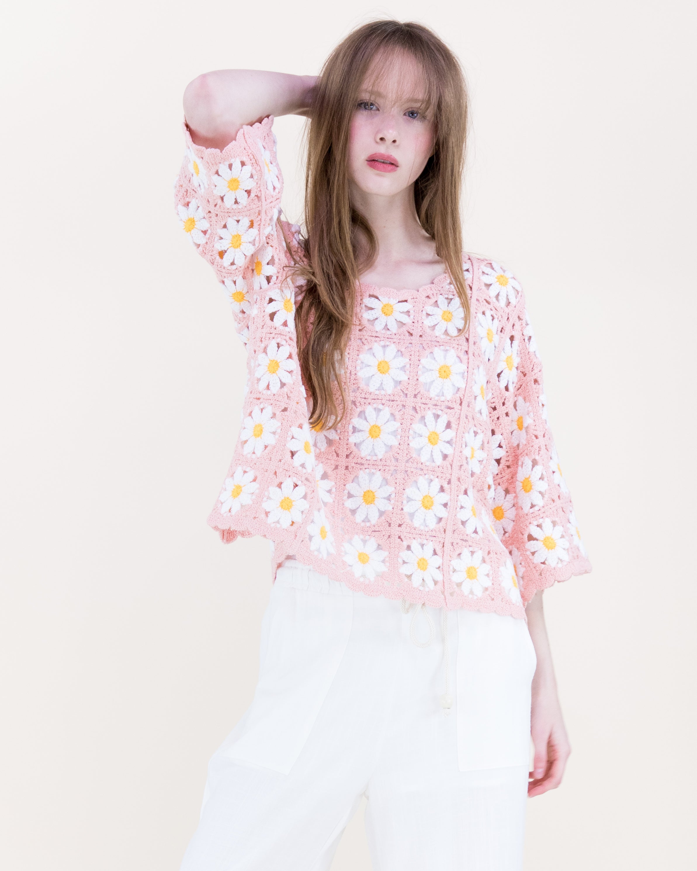 Daisy Cotton Crochet Quarter Sleeve Summer Sweater - WHITE (OS) (Pack of 6)