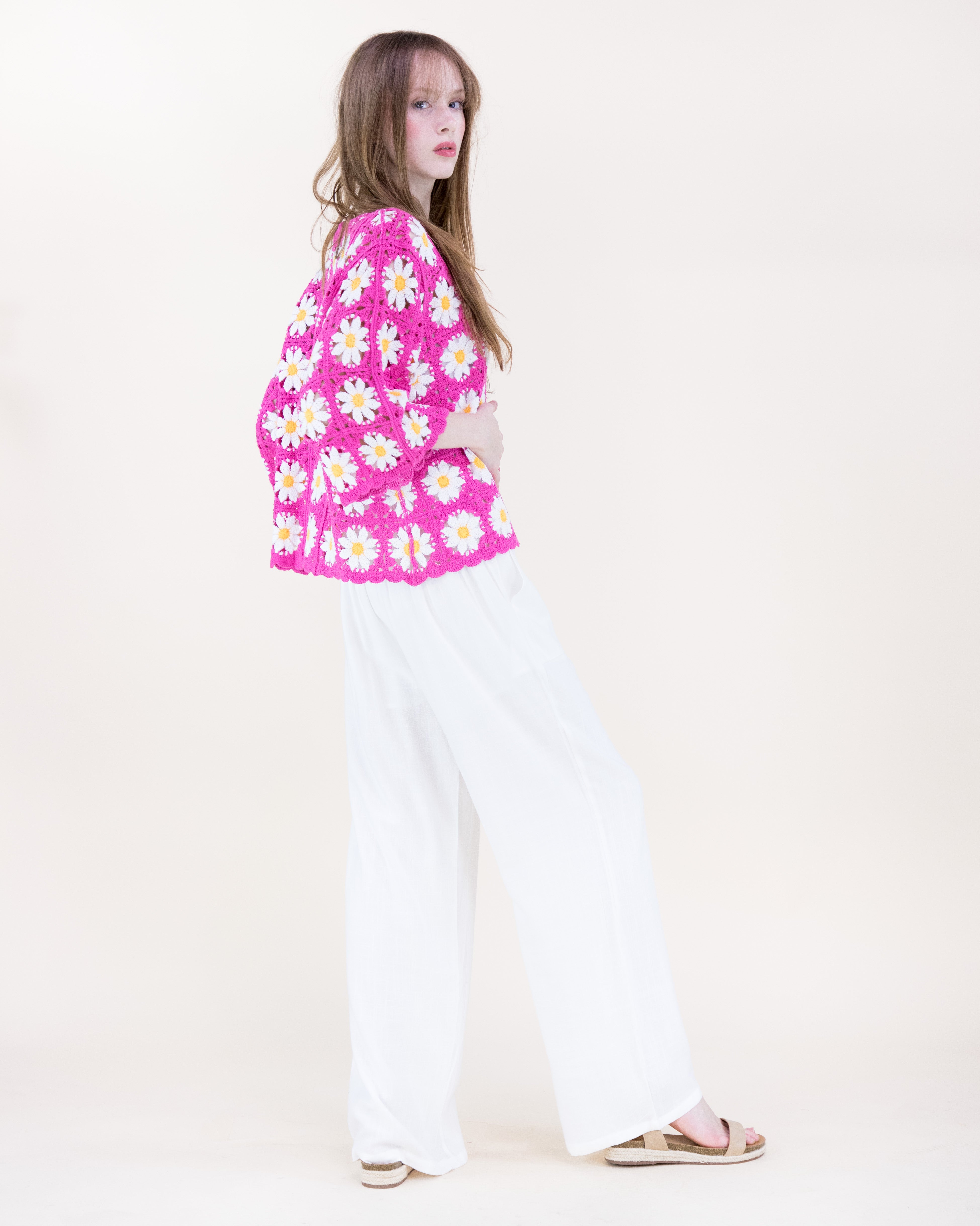 Daisy Cotton Crochet Quarter Sleeve Summer Sweater - WHITE (OS) (Pack of 6)