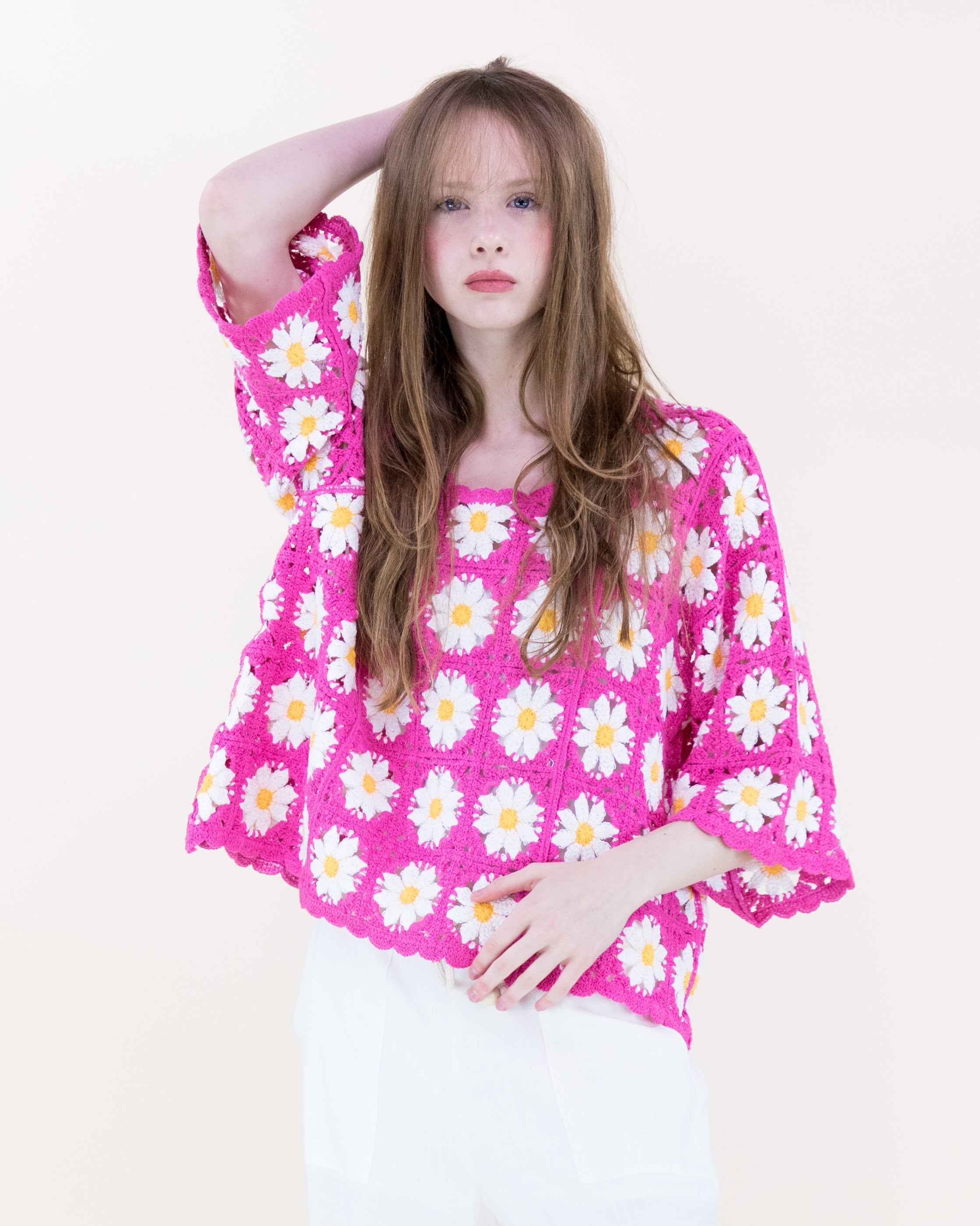 Daisy Cotton Crochet Quarter Sleeve Summer Sweater - WHITE (OS) (Pack of 6)