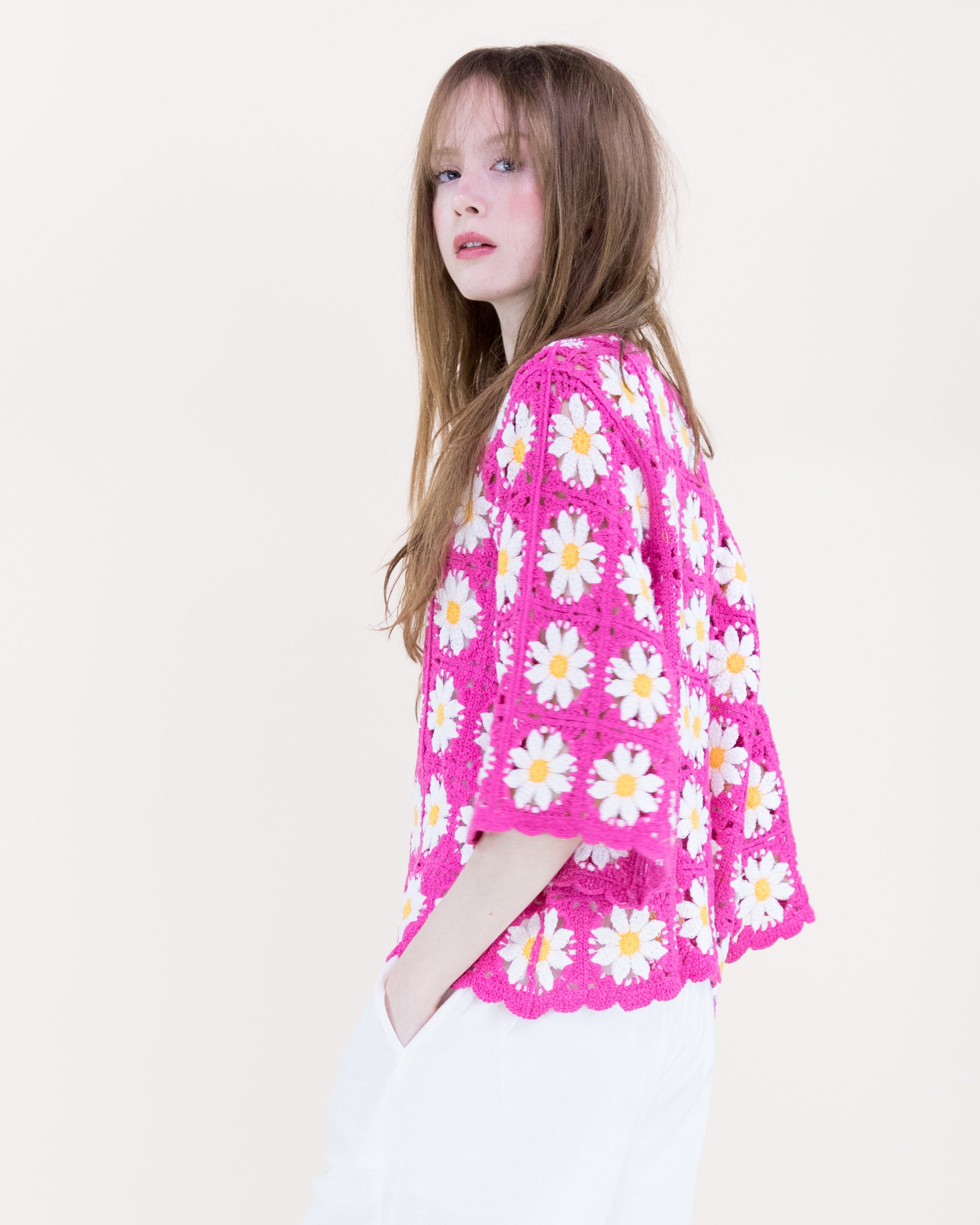 Daisy Cotton Crochet Quarter Sleeve Summer Sweater - WHITE (OS) (Pack of 6)