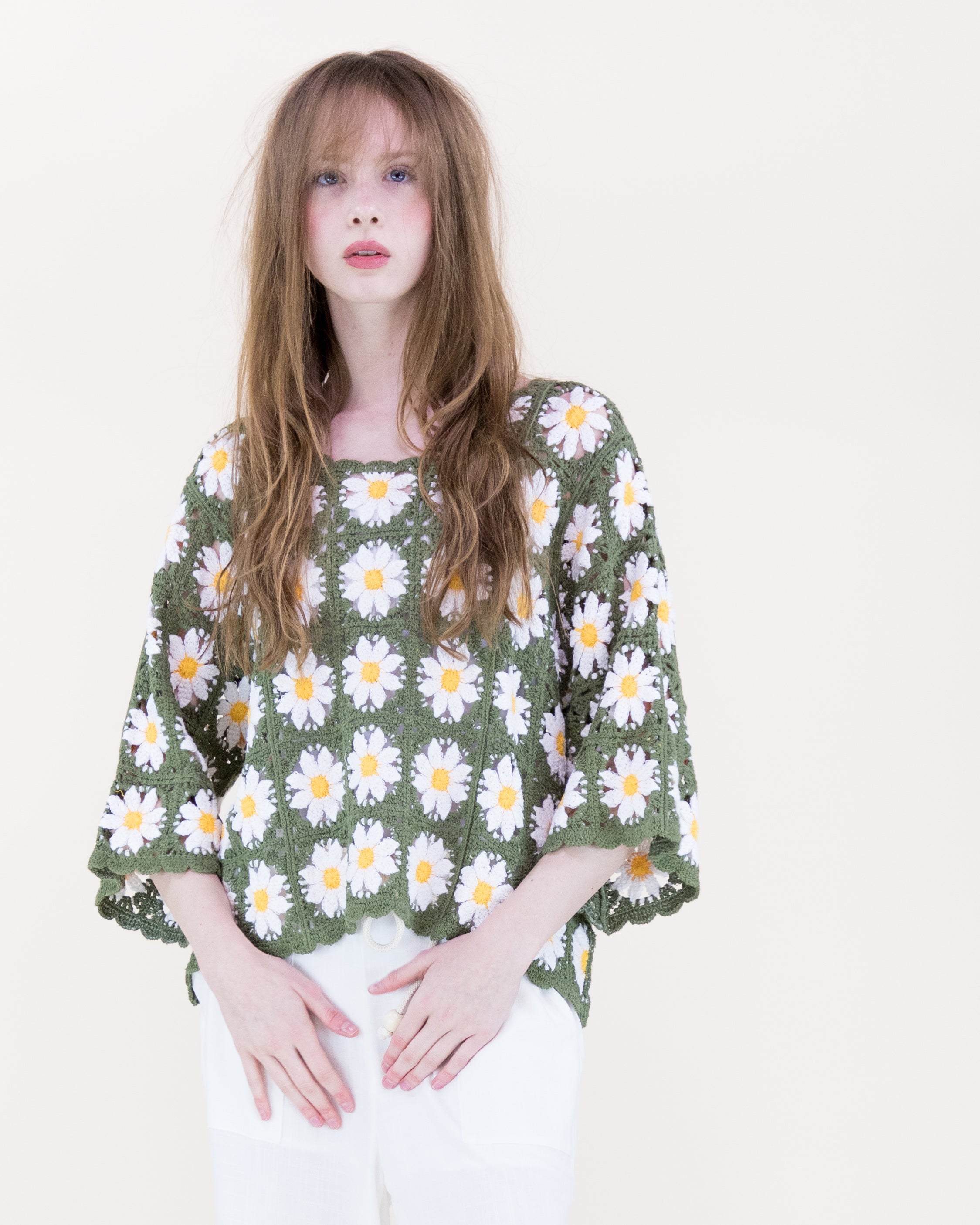 Daisy Cotton Crochet Quarter Sleeve Summer Sweater - WHITE (OS) (Pack of 6)