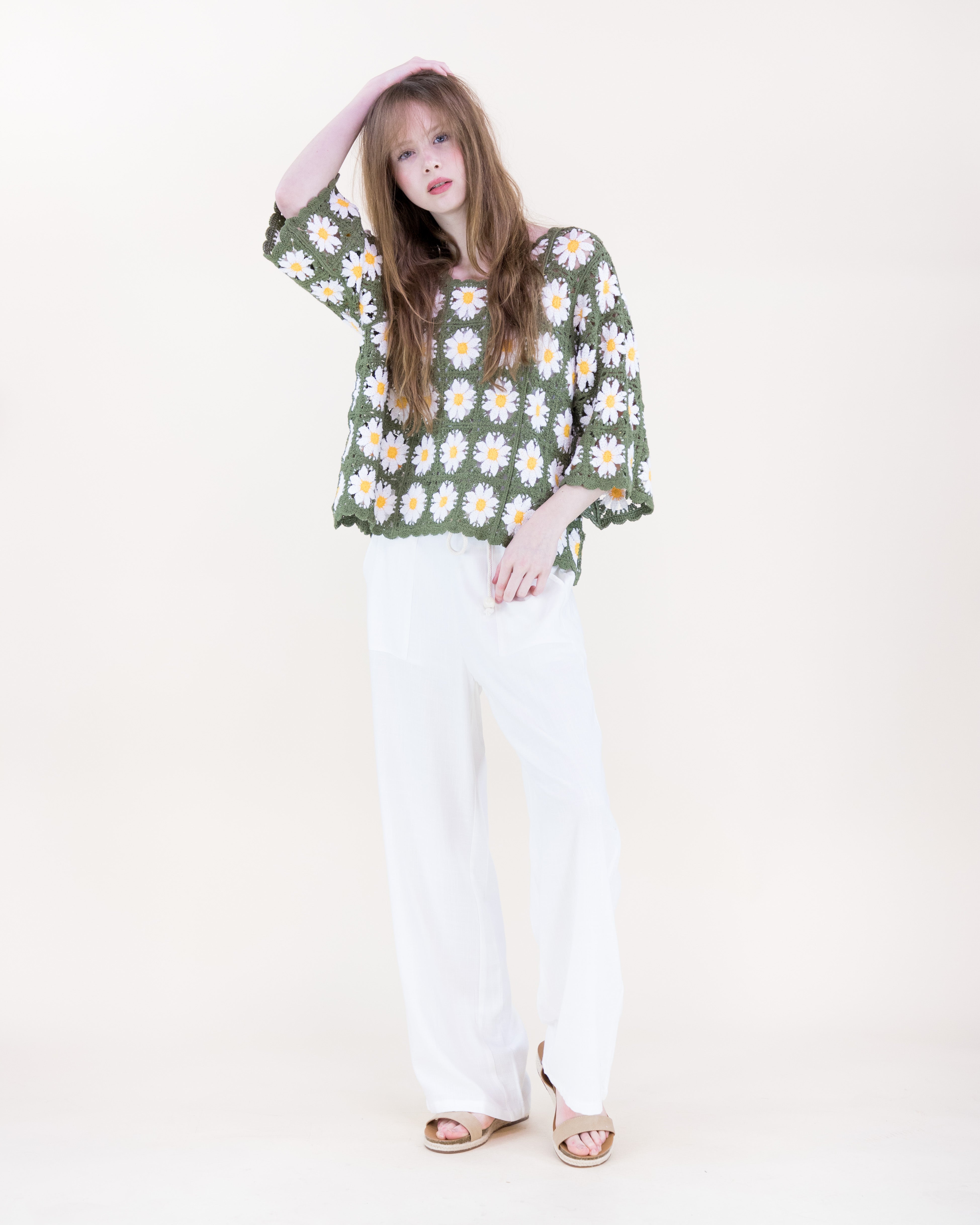 Daisy Cotton Crochet Quarter Sleeve Summer Sweater - WHITE (OS) (Pack of 6)