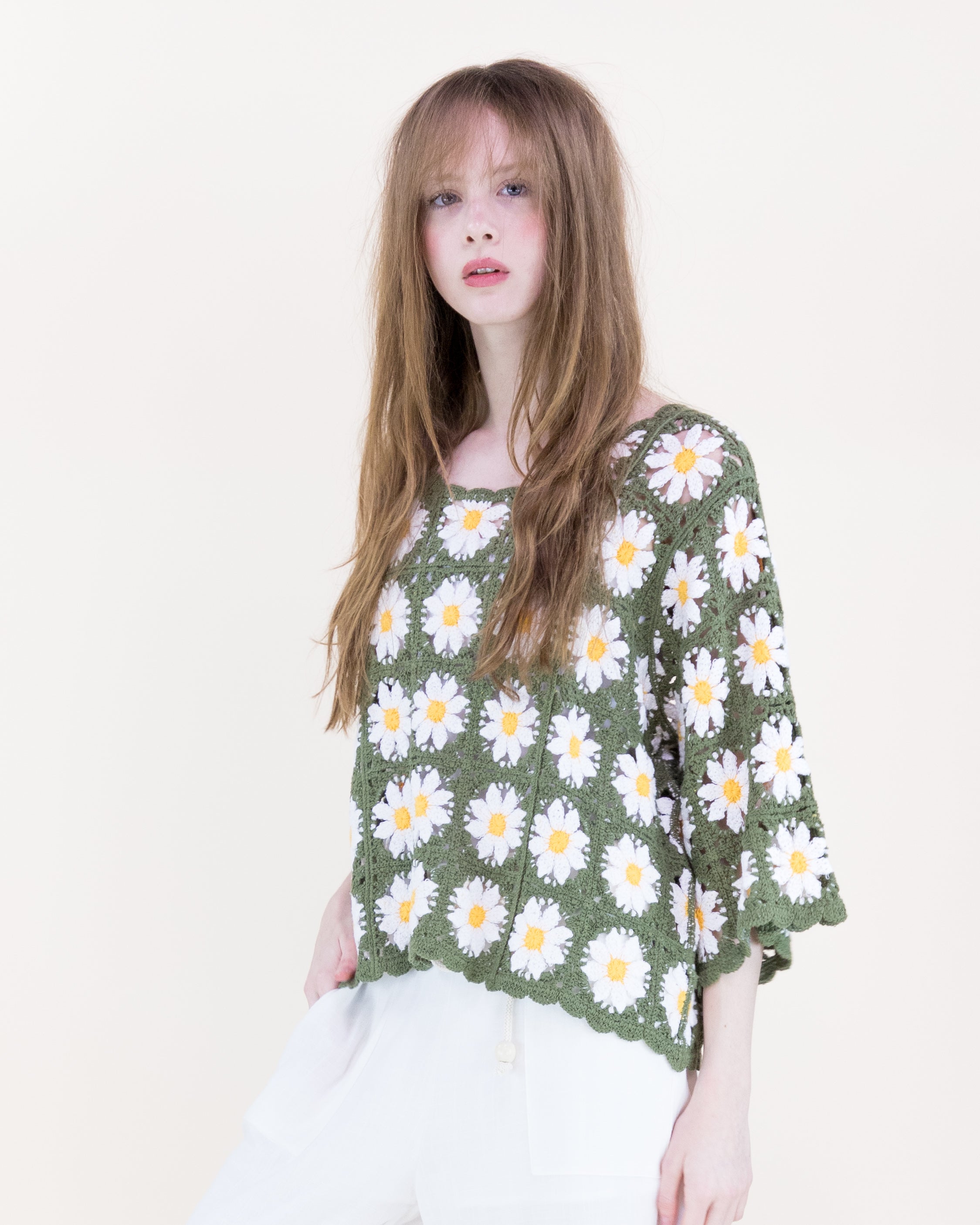 Daisy Cotton Crochet Quarter Sleeve Summer Sweater - WHITE (OS) (Pack of 6)