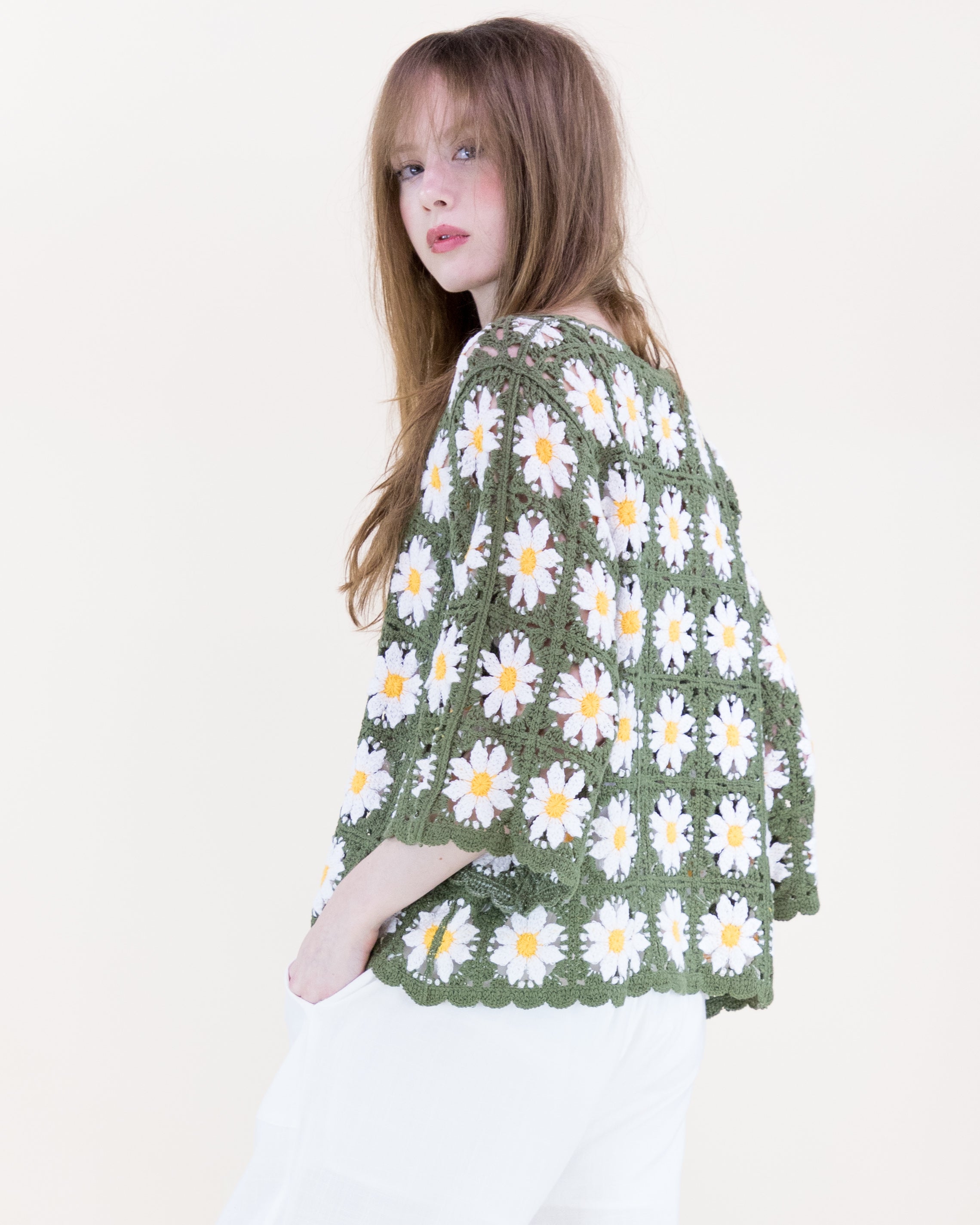 Daisy Cotton Crochet Quarter Sleeve Summer Sweater - WHITE (OS) (Pack of 6)