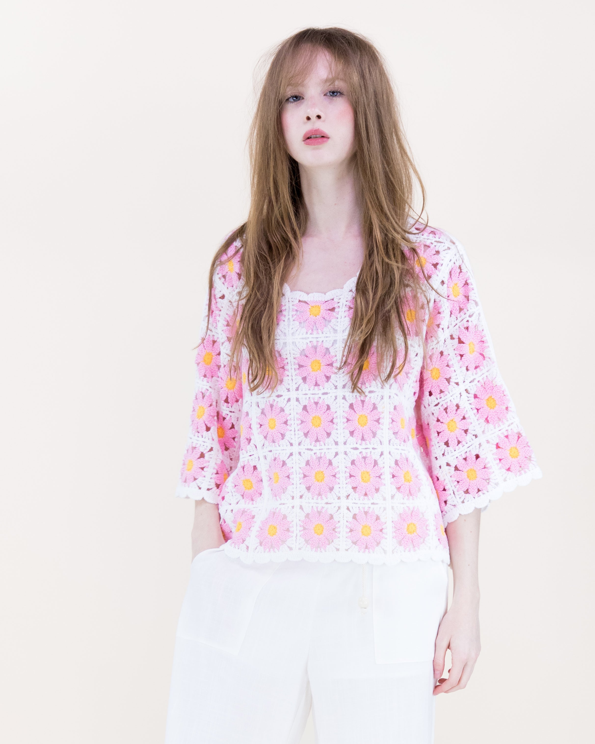 Daisy Cotton Crochet Quarter Sleeve Summer Sweater - WHITE (OS) (Pack of 6)