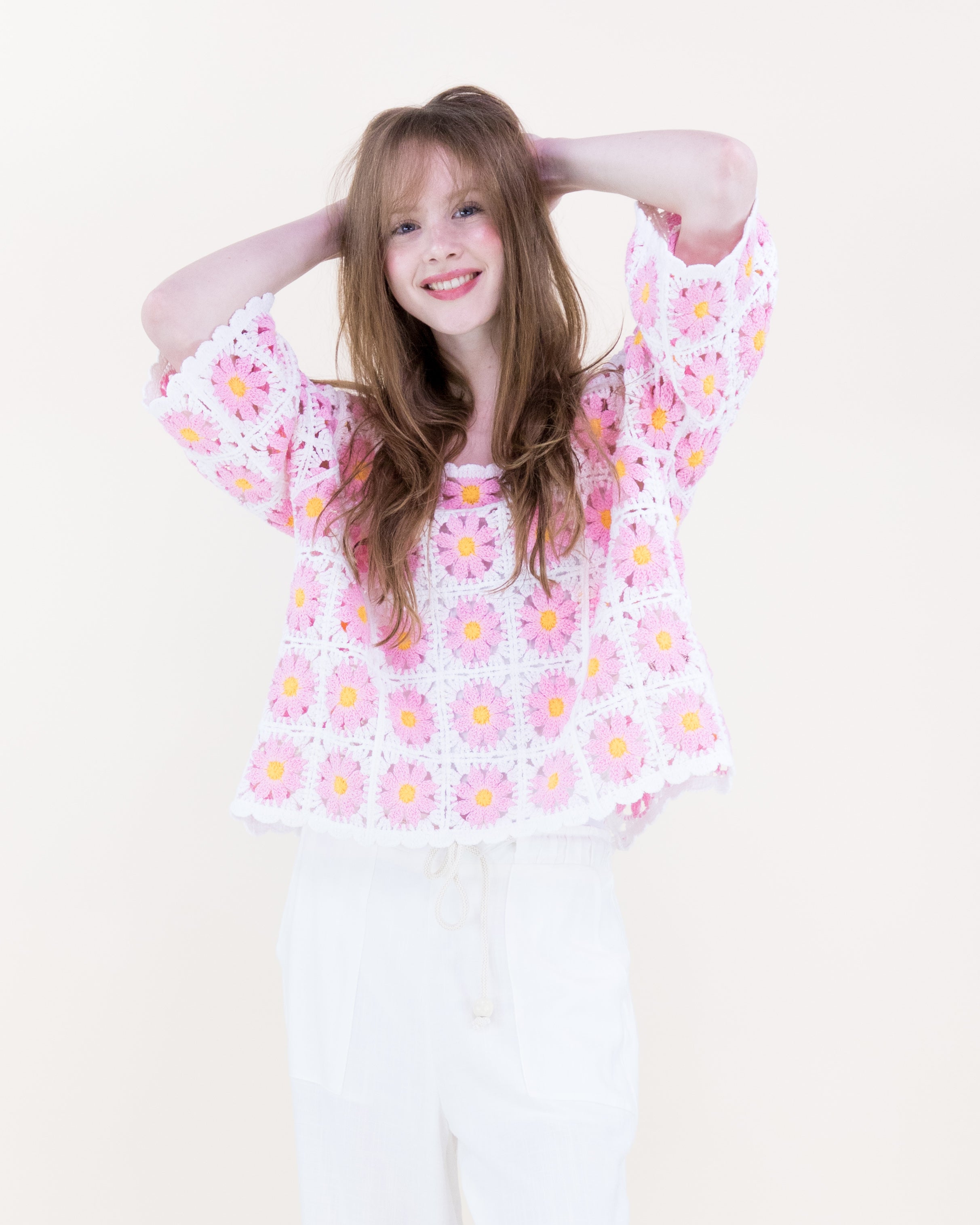 Daisy Cotton Crochet Quarter Sleeve Summer Sweater - WHITE (OS) (Pack of 6)