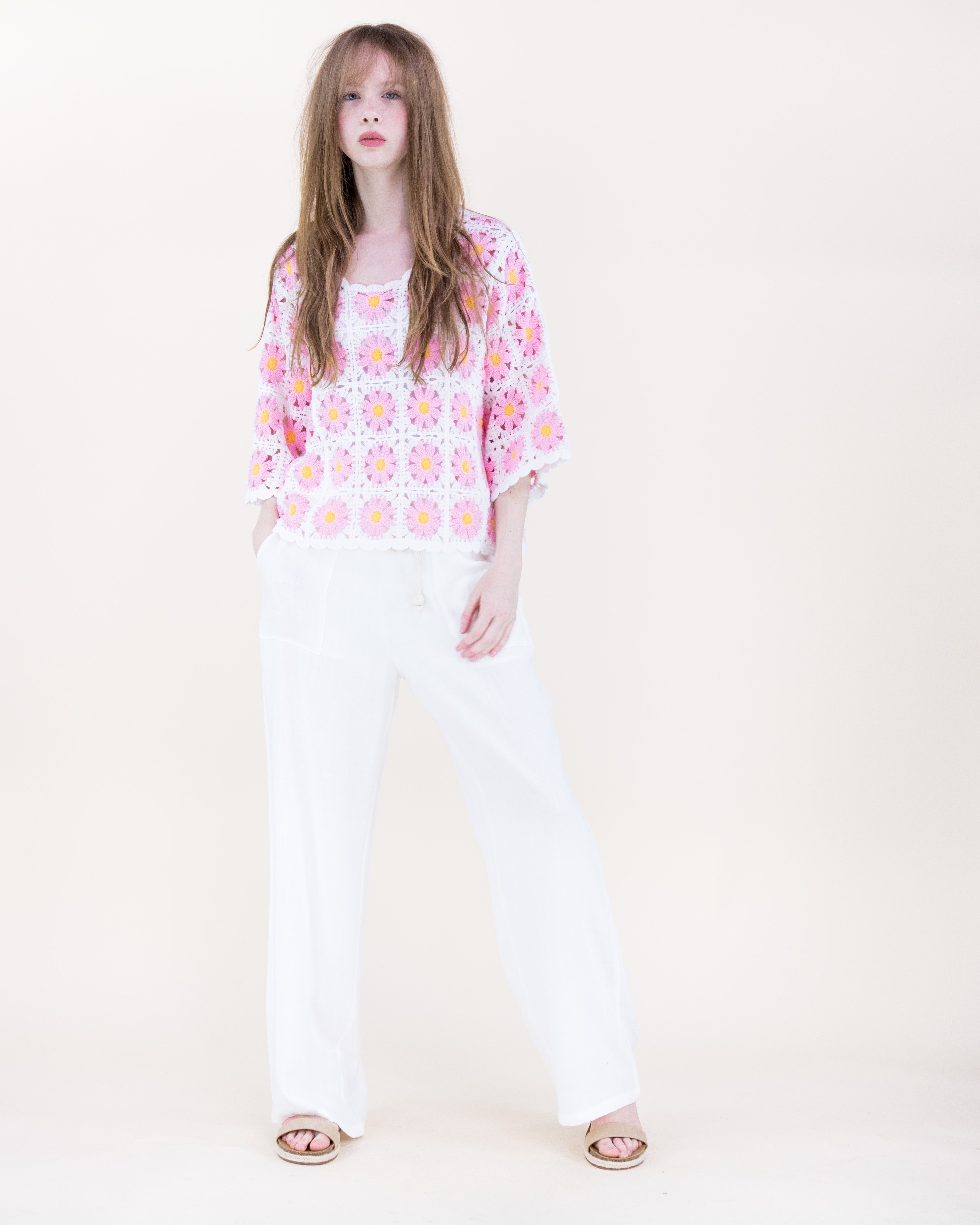 Daisy Cotton Crochet Quarter Sleeve Summer Sweater - WHITE (OS) (Pack of 6)