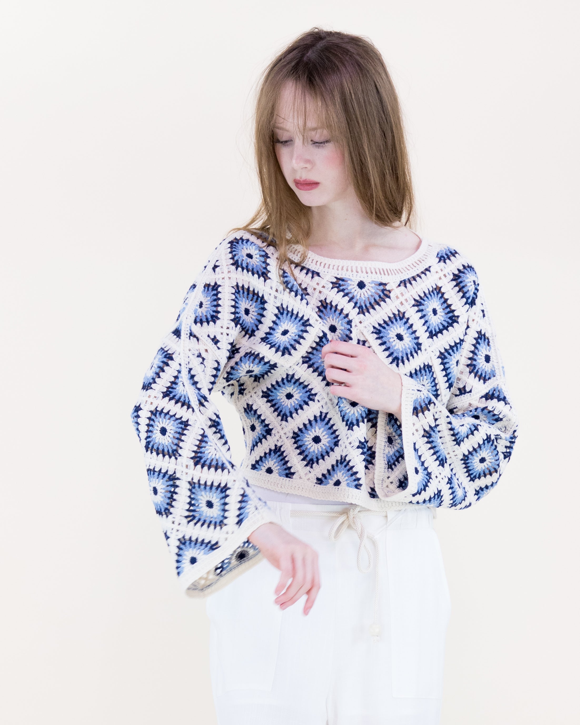 Diamond Crochet Long Sleeve Cropped Summer Sweater - BLACK (OS) (Pack of 6)