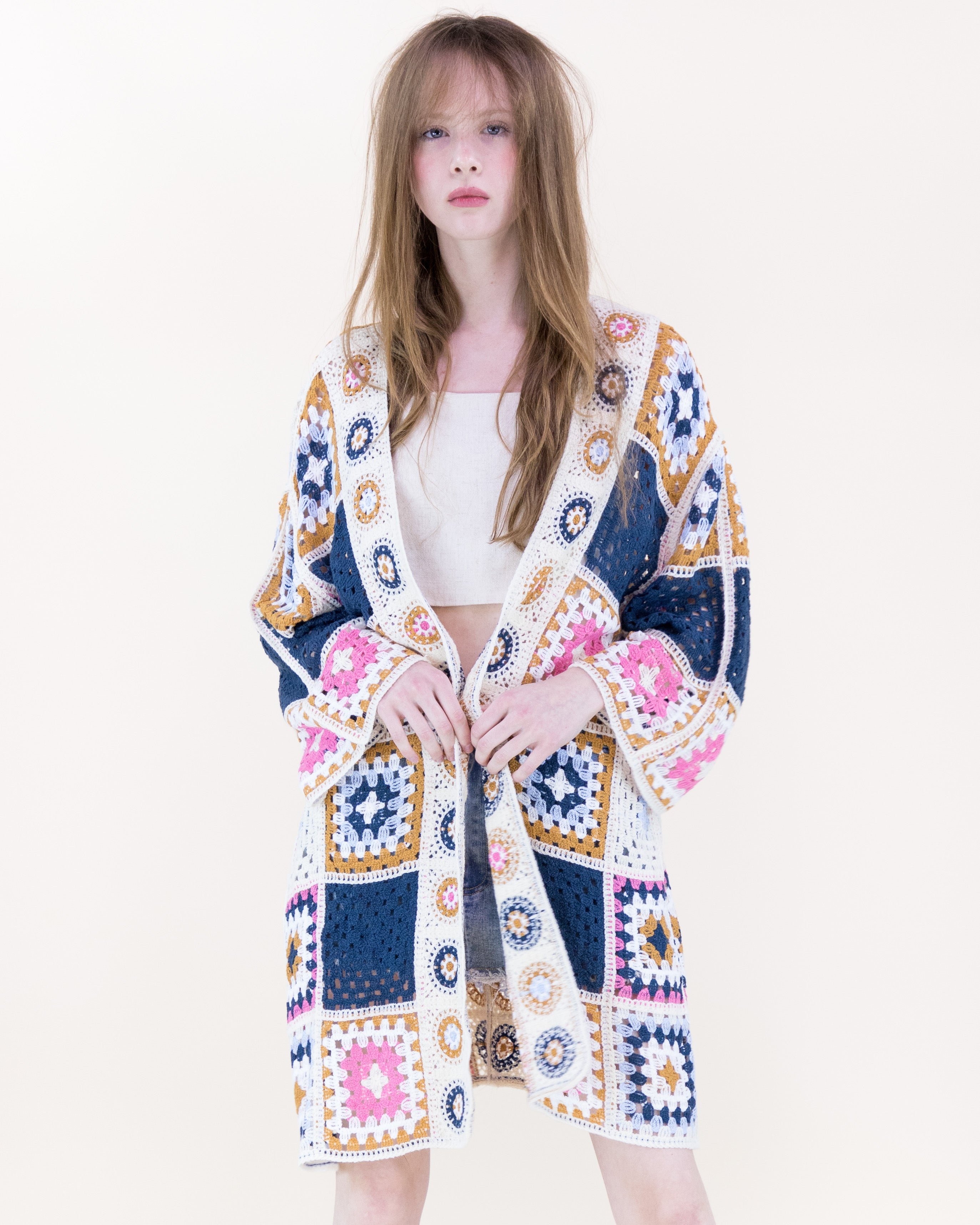 Knee-Length Medallion and Squares Crochet Summer Cardigan - PINK (OS) (Pack of 6)