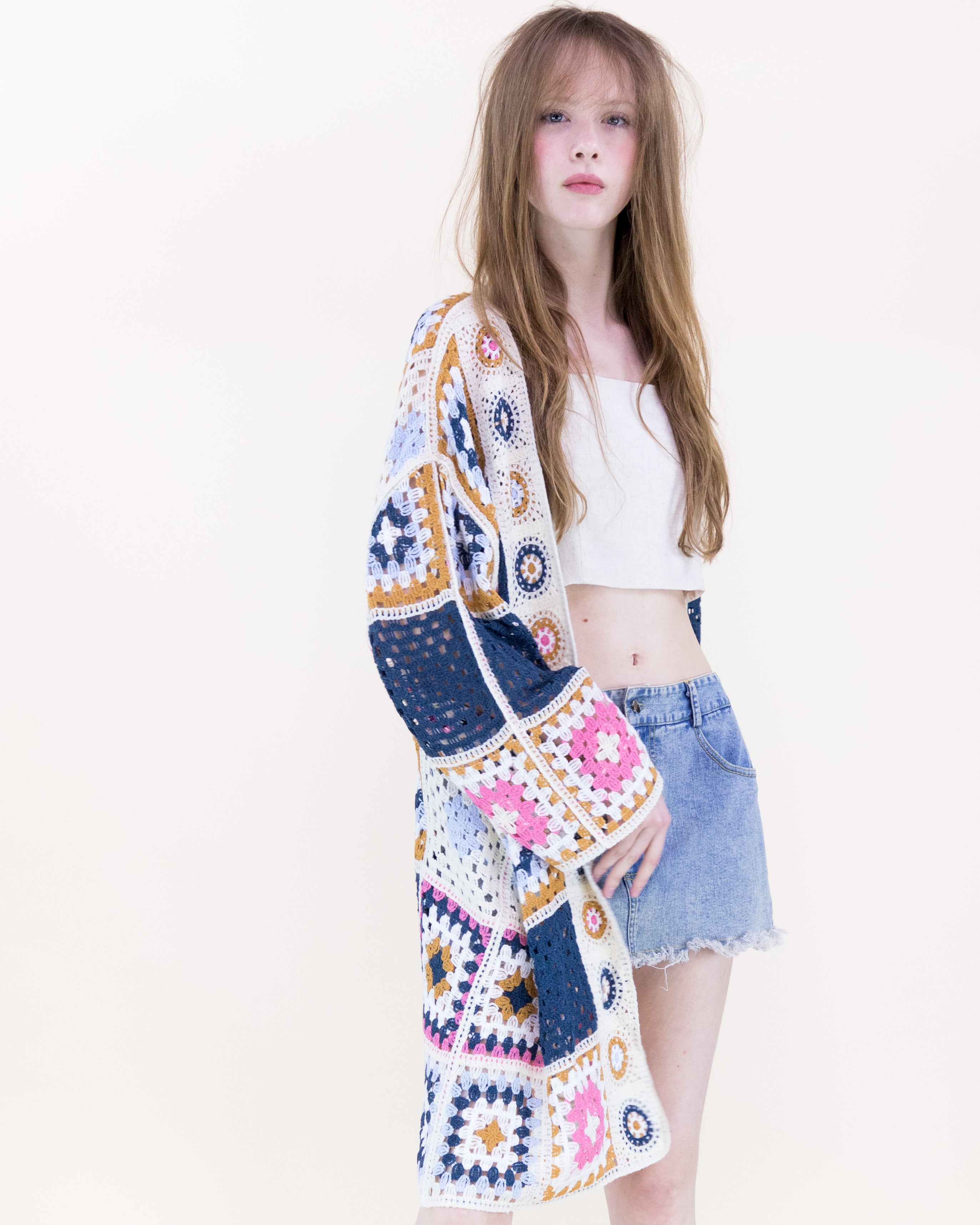 Knee-Length Medallion and Squares Crochet Summer Cardigan - PINK (OS) (Pack of 6)