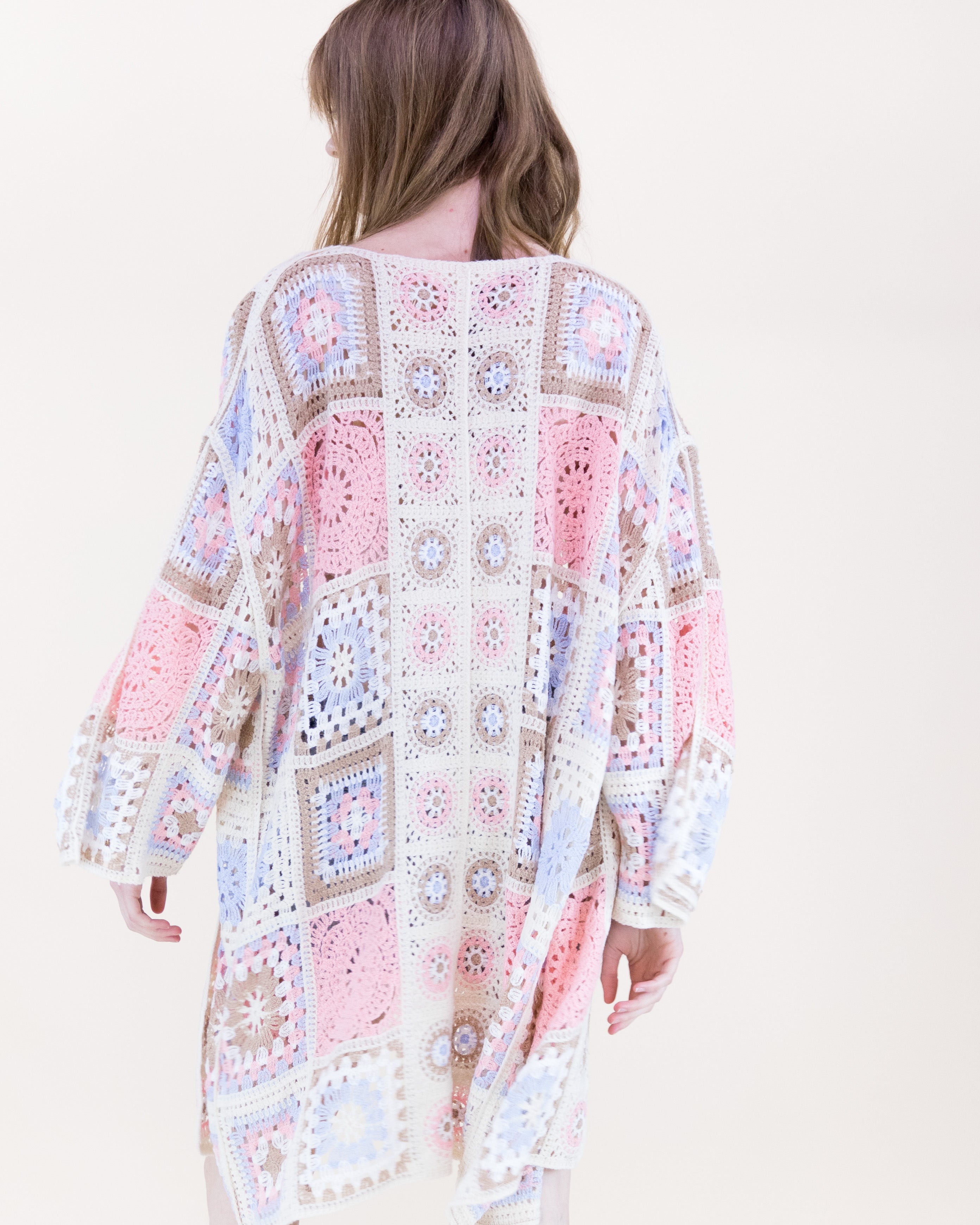 Knee-Length Medallion and Squares Crochet Summer Cardigan - PINK (OS) (Pack of 6)