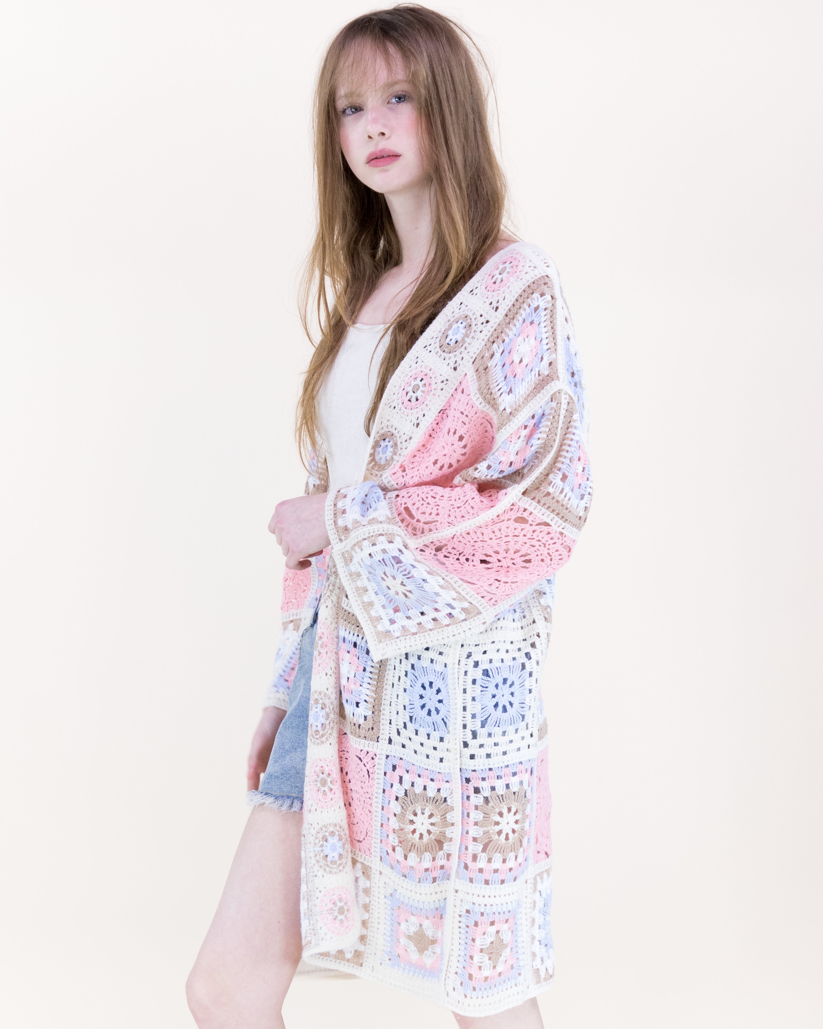 Knee-Length Medallion and Squares Crochet Summer Cardigan - PINK (OS) (Pack of 6)