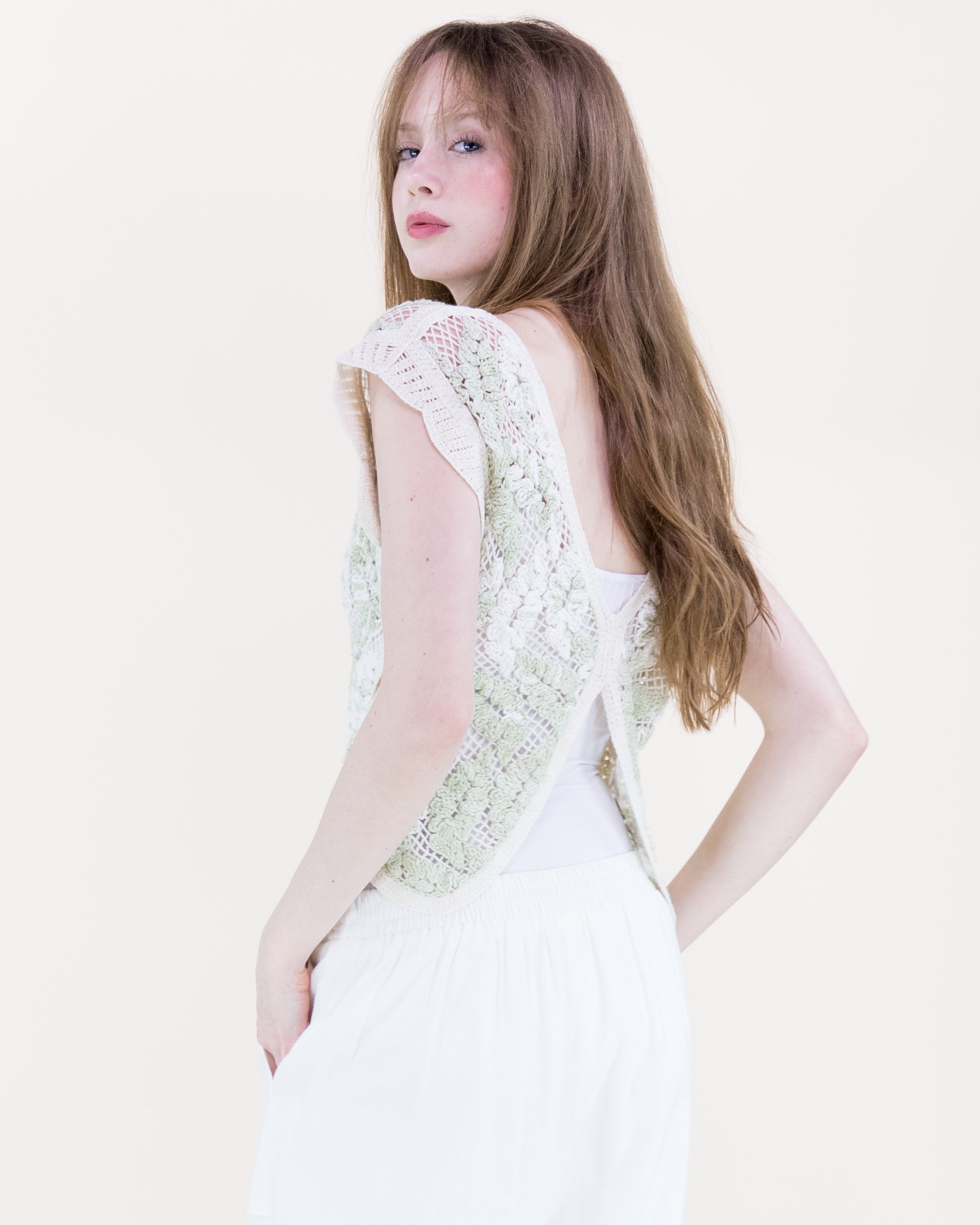 Bella Leaves Butterfly Cotton Crochet Vest - GREEN (OS) (Pack of 6)