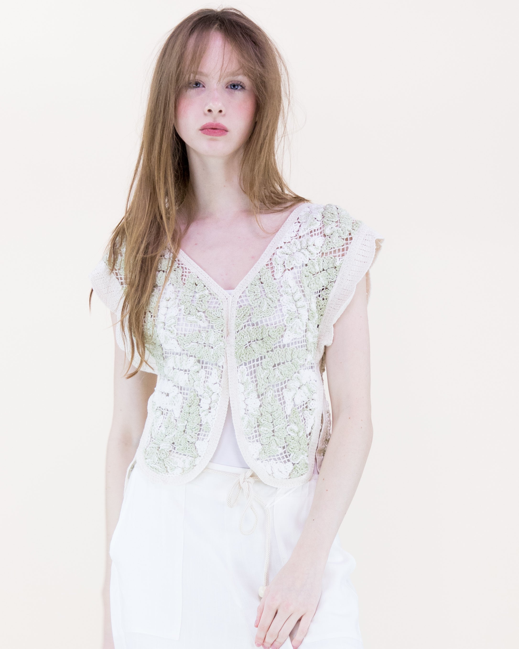 Bella Leaves Butterfly Cotton Crochet Vest - GREEN (OS) (Pack of 6)