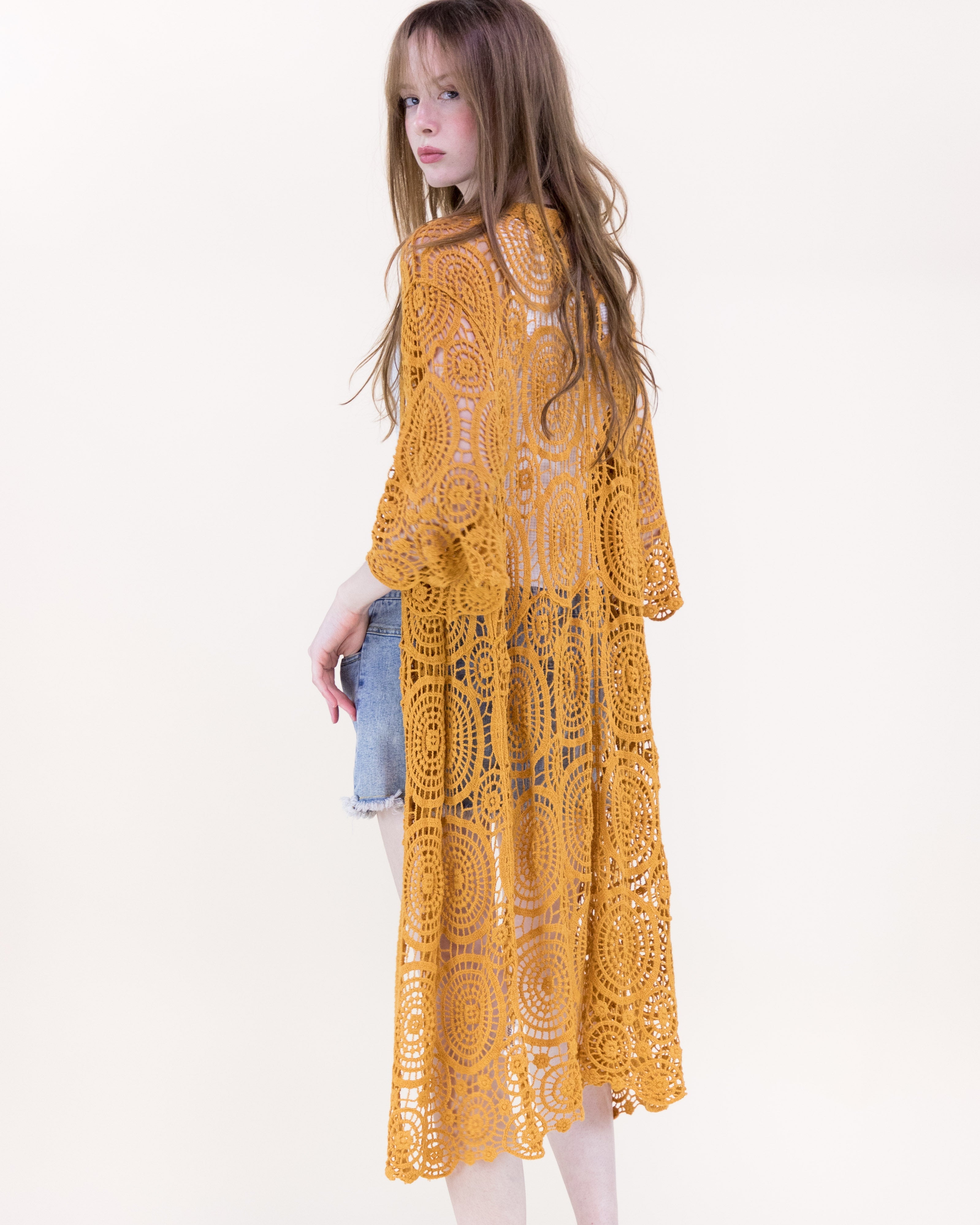 Sunburst Crochet Button Front Maxi Robe - DUSTY ROSE (OS) (Pack of 6)