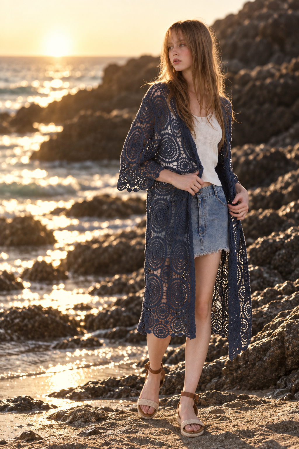 Sunburst Crochet Button Front Maxi Robe - DENIM (OS) (Pack of 6)