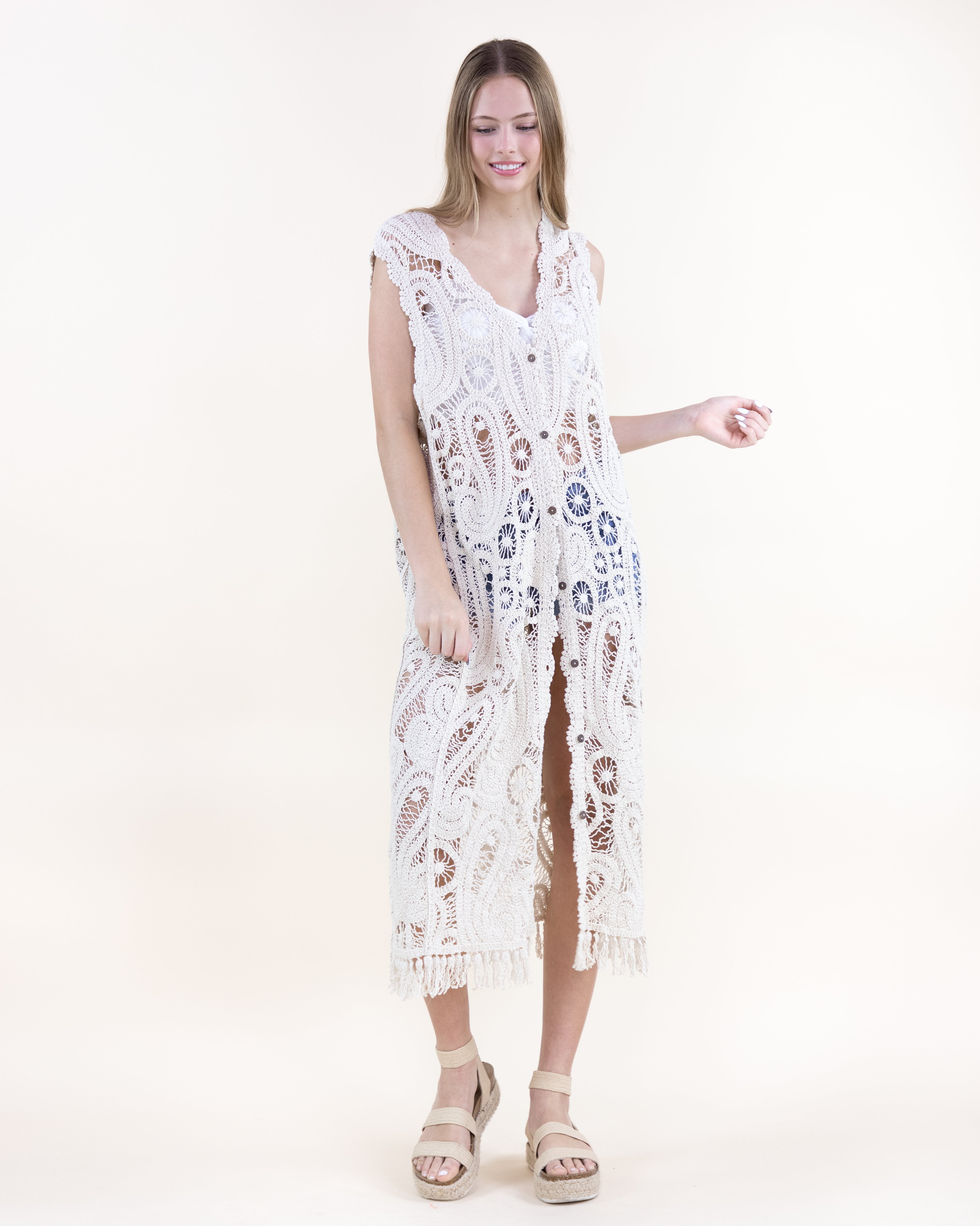 Cotton Crochet Paisley Pattern Button Front Long Vest w/ Fringe - BEIGE (OS) (Pack of 6)