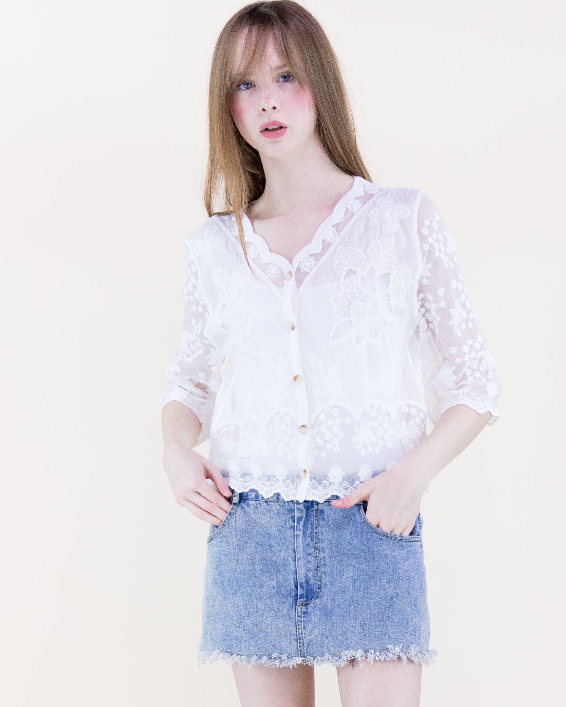 Riviera Bloom Sheer Lace Blouse - WHITE (S/M, L/XL) (Pack of 6)
