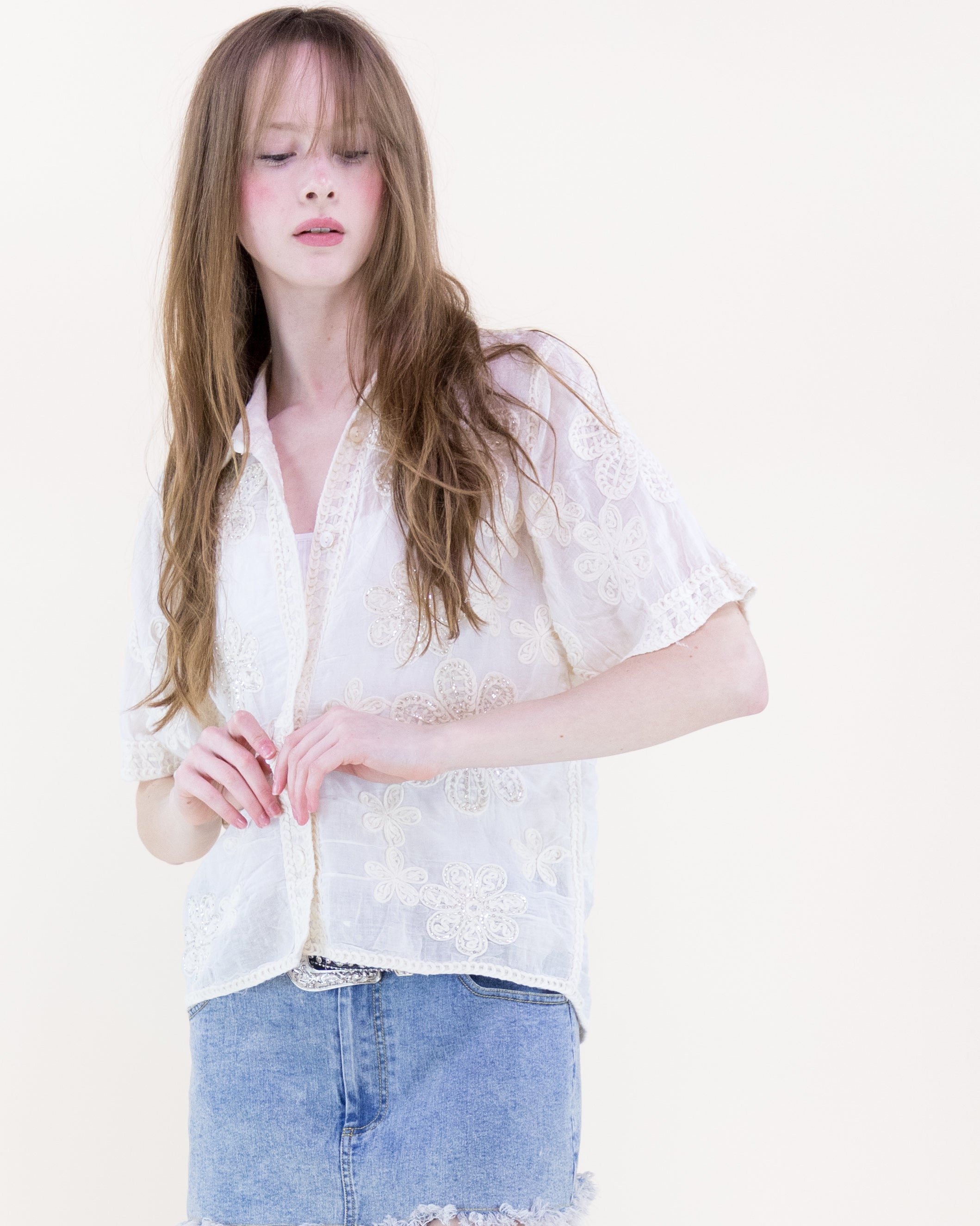 Garden Party Bead Embroidered Short Sleeve Shirt - WHITE (S/M, L/XL) (Pack of 6)