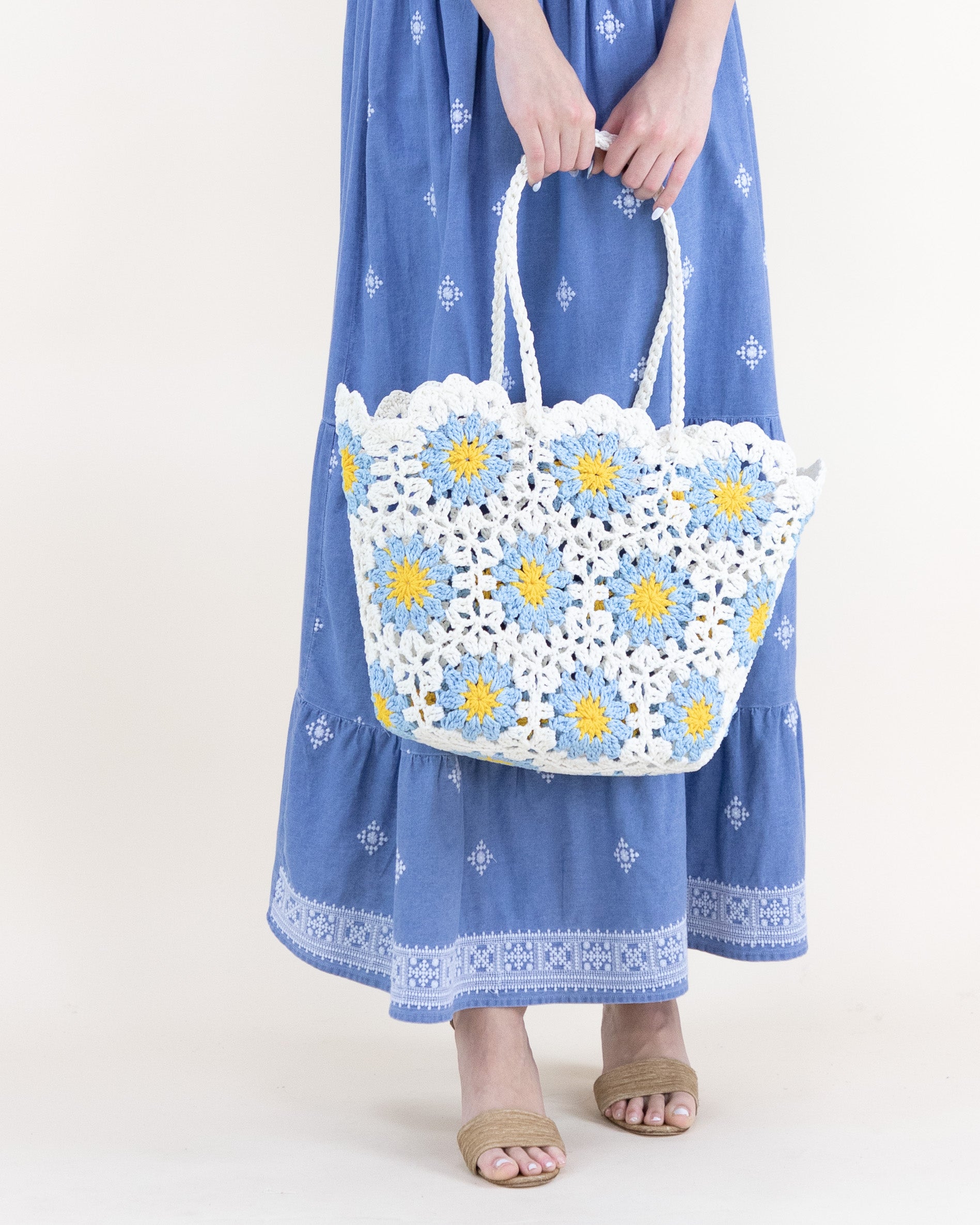 Hand Knitted Crochet Daisy Tote Bag - LIGHT BLUE (Pack of 6)