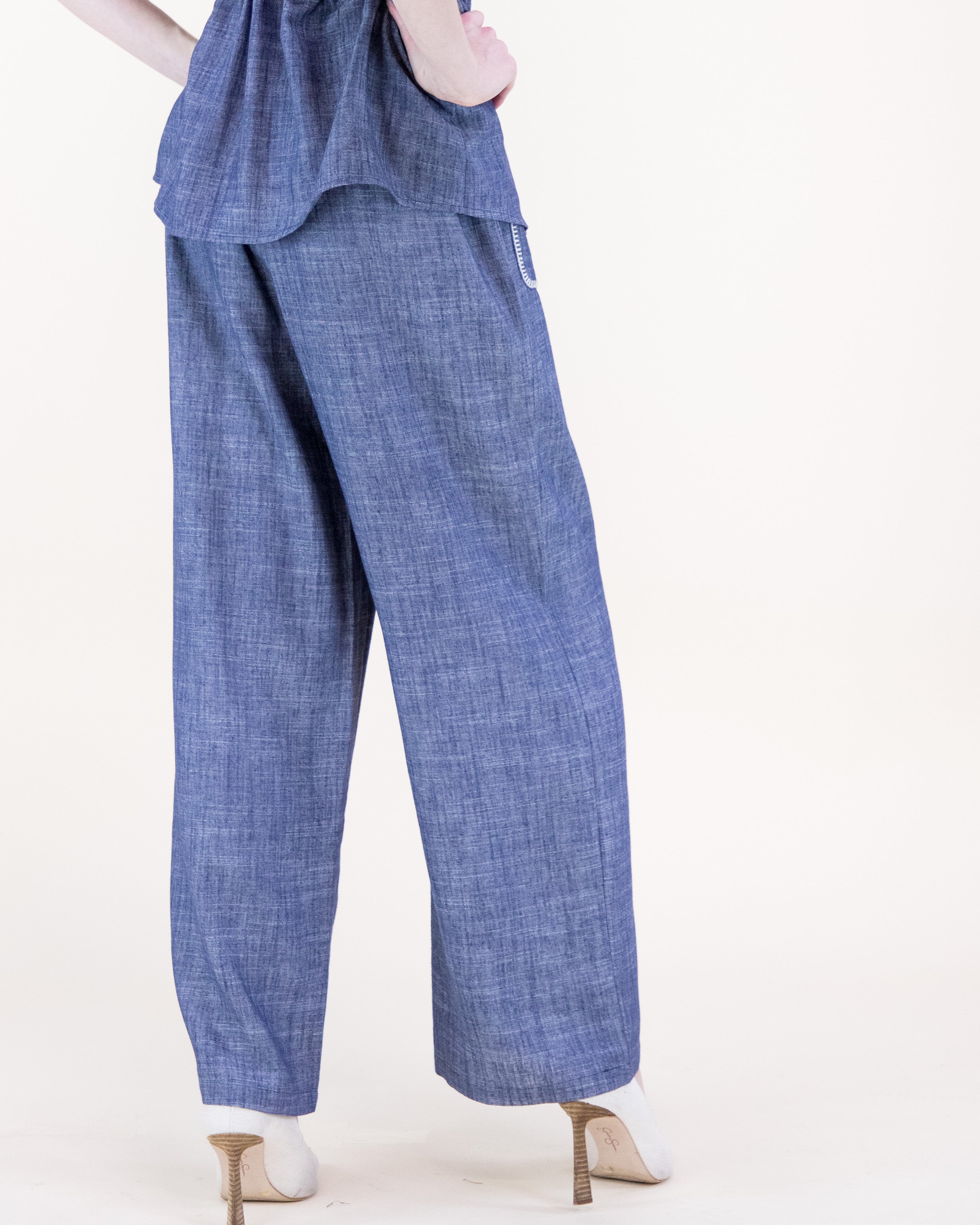 Contrast Stitch Chambray Wide Leg Trousers - DENIM (S/M, L/XL) (Pack of 6)