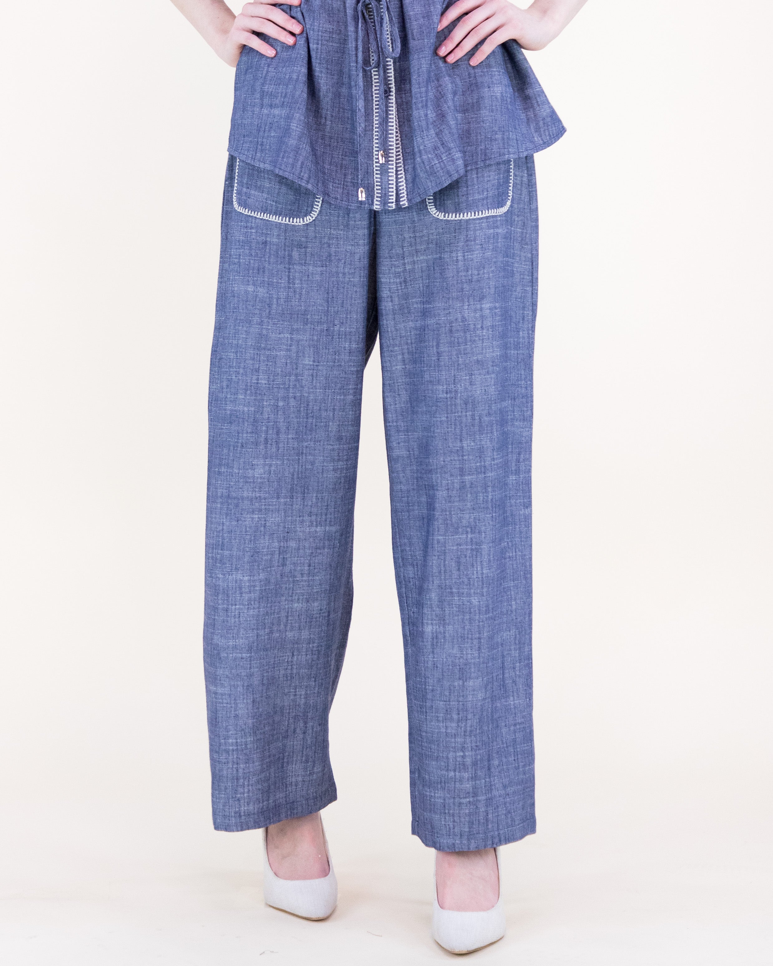 Contrast Stitch Chambray Wide Leg Trousers - DENIM (S/M, L/XL) (Pack of 6)