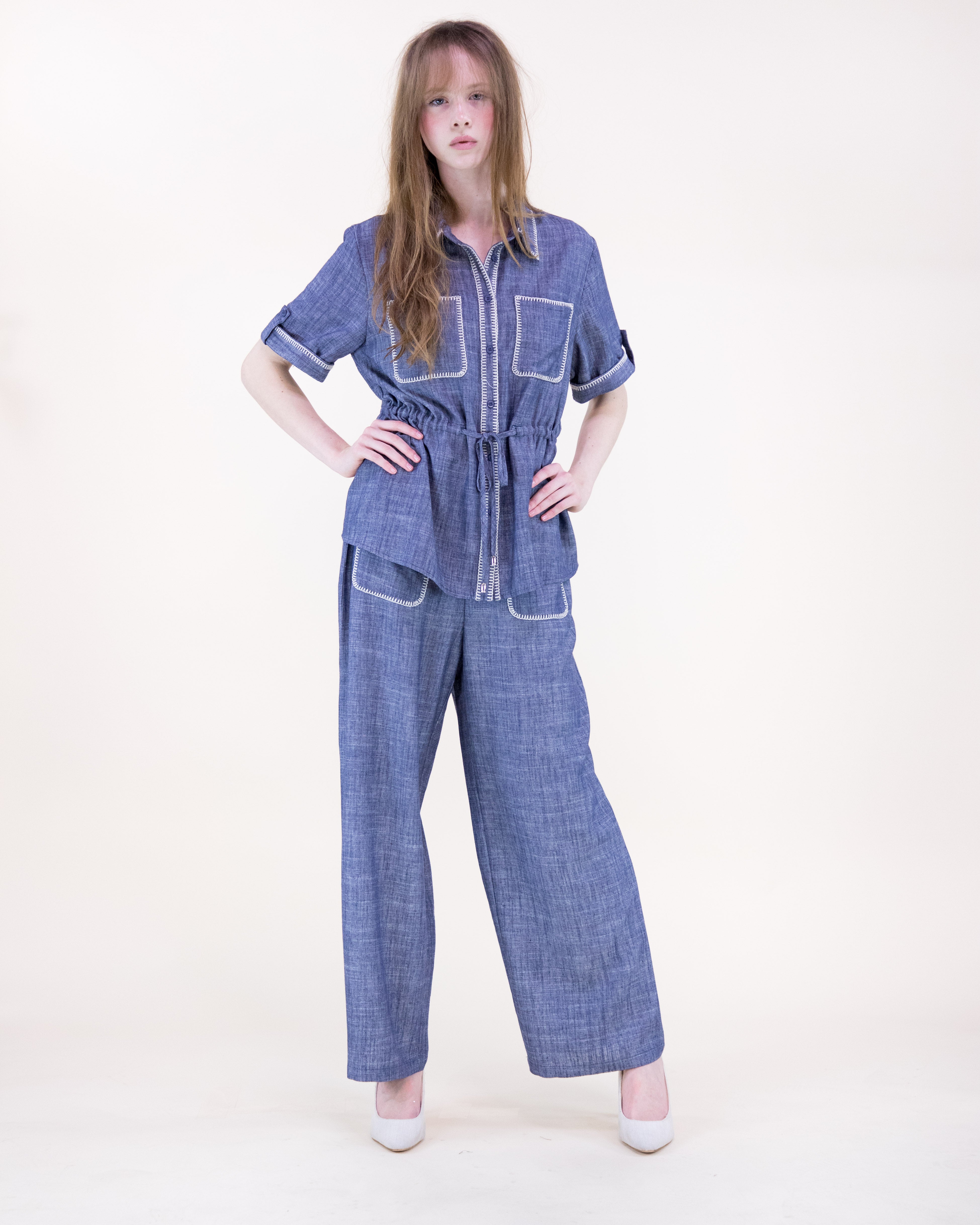 Contrast Stitch Chambray Wide Leg Trousers - DENIM (S/M, L/XL) (Pack of 6)