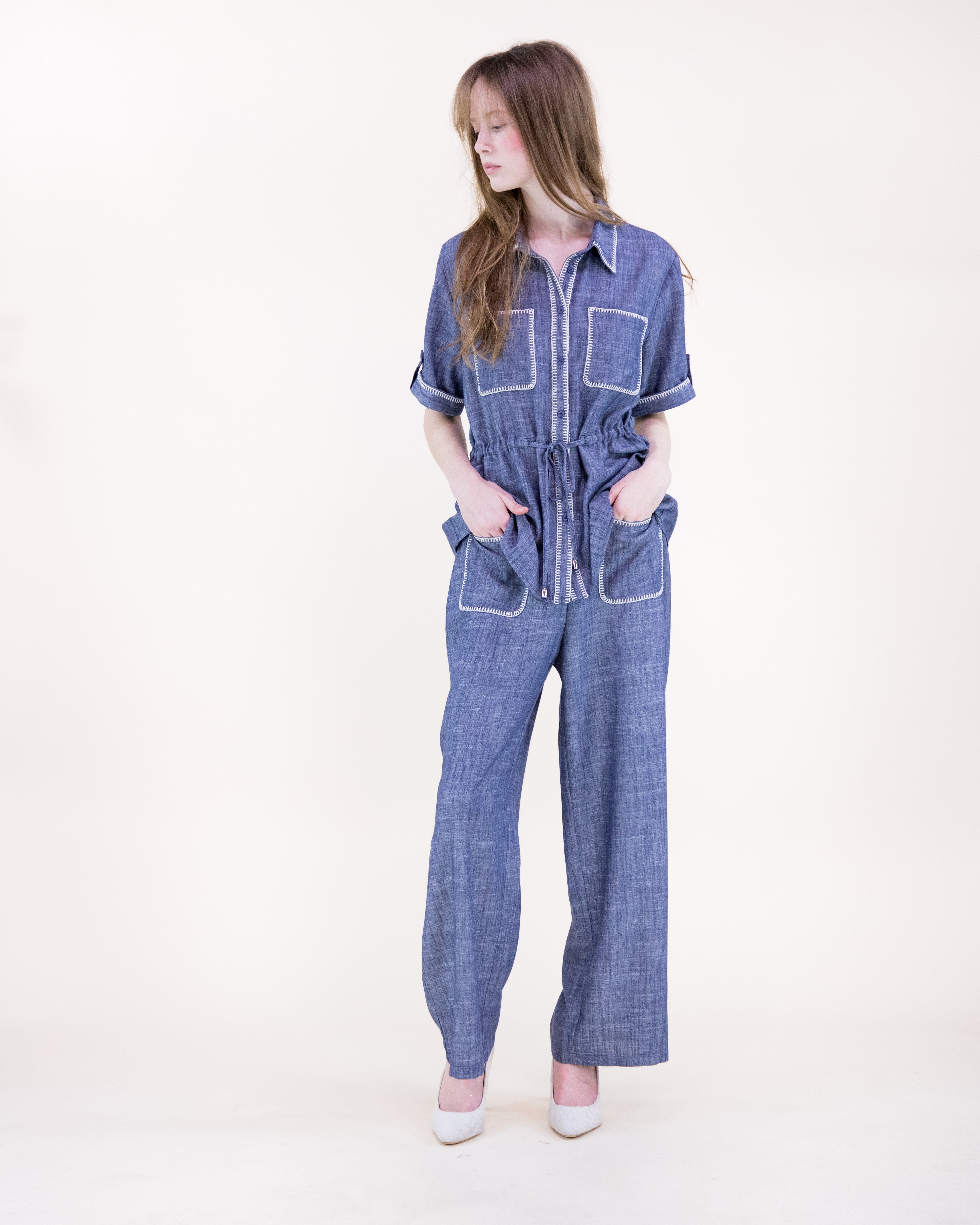 Contrast Stitch Chambray Wide Leg Trousers - DENIM (S/M, L/XL) (Pack of 6)