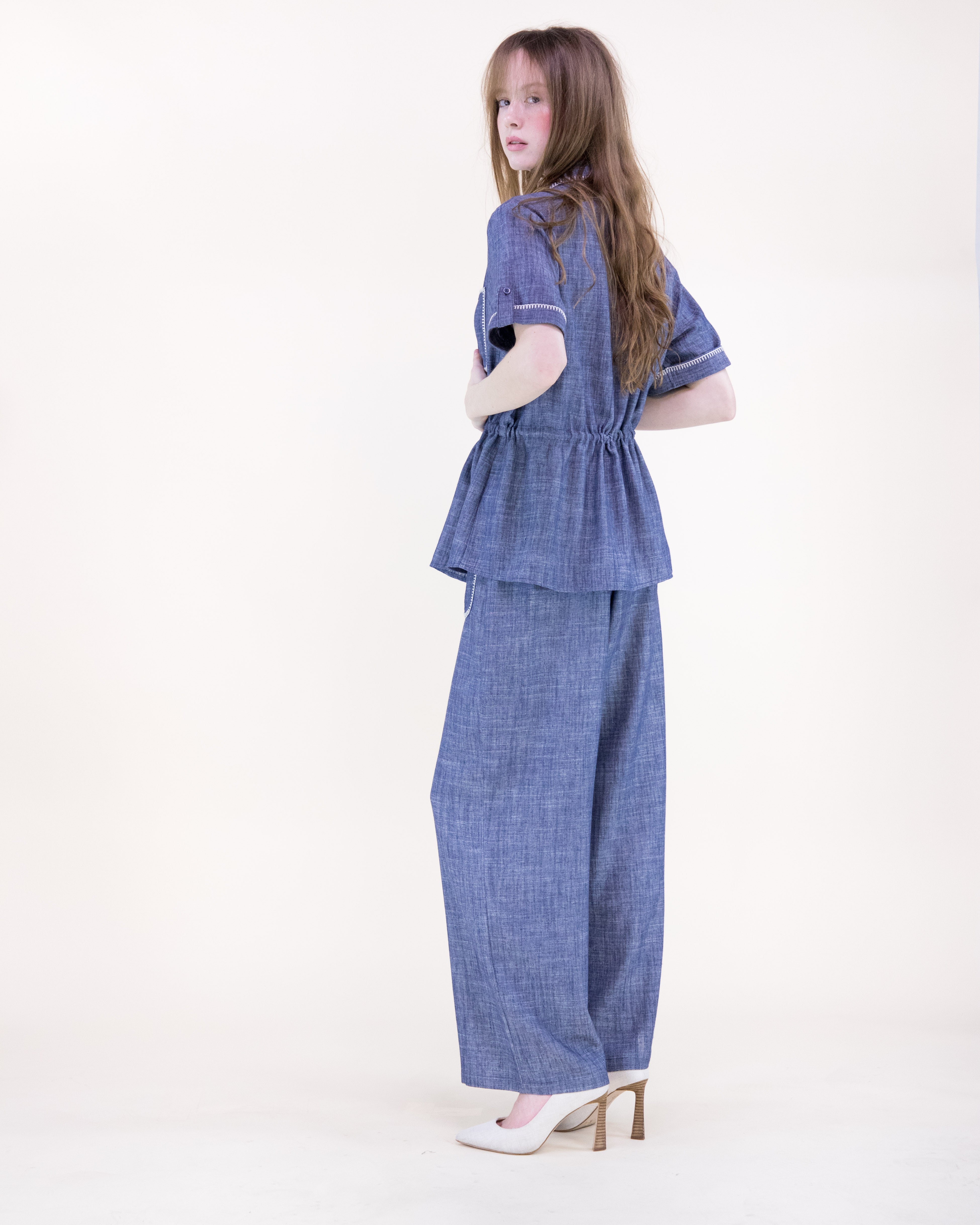Contrast Stitch Chambray Wide Leg Trousers - DENIM (S/M, L/XL) (Pack of 6)