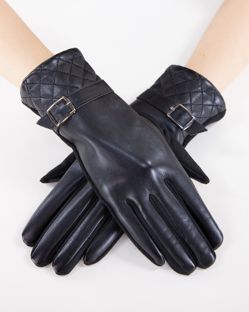 Faux Leather w/ Quilted Cuff and Strap Buckle Detail Gloves (TS) - BLACK (Pack of 6)
