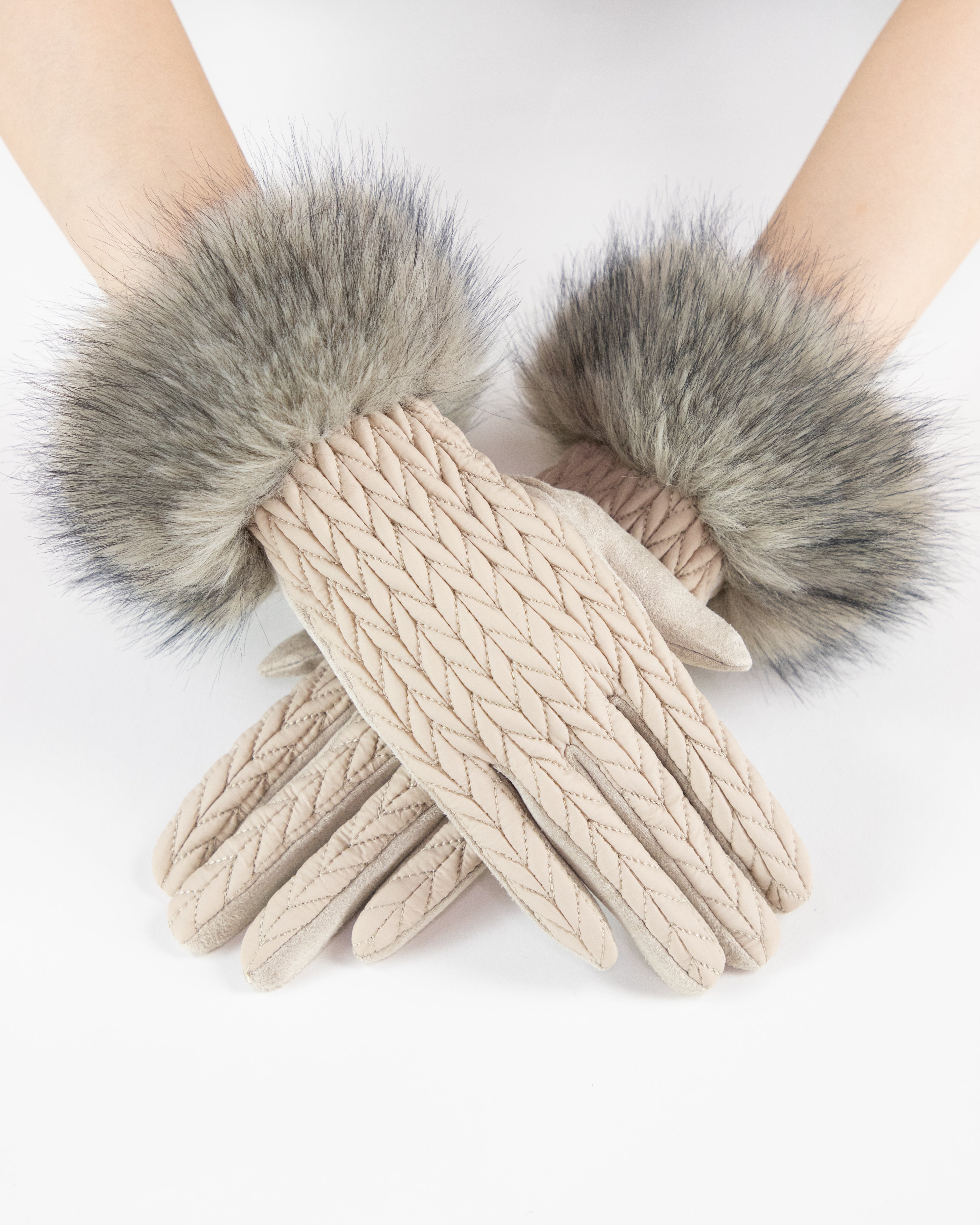 Stocking Stitch Texture Faux Fur Cuff Gloves (TS) - BEIGE (Pack of 6 ...