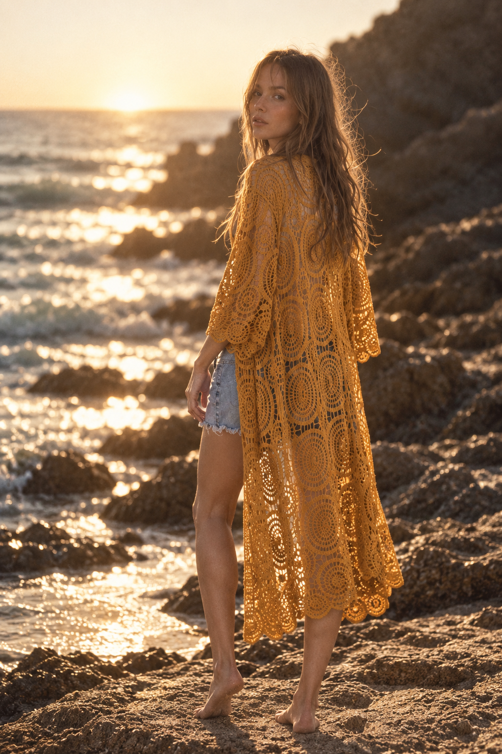 Sunburst Crochet Button Front Maxi Robe - CAMEL (OS) (Pack of 6)