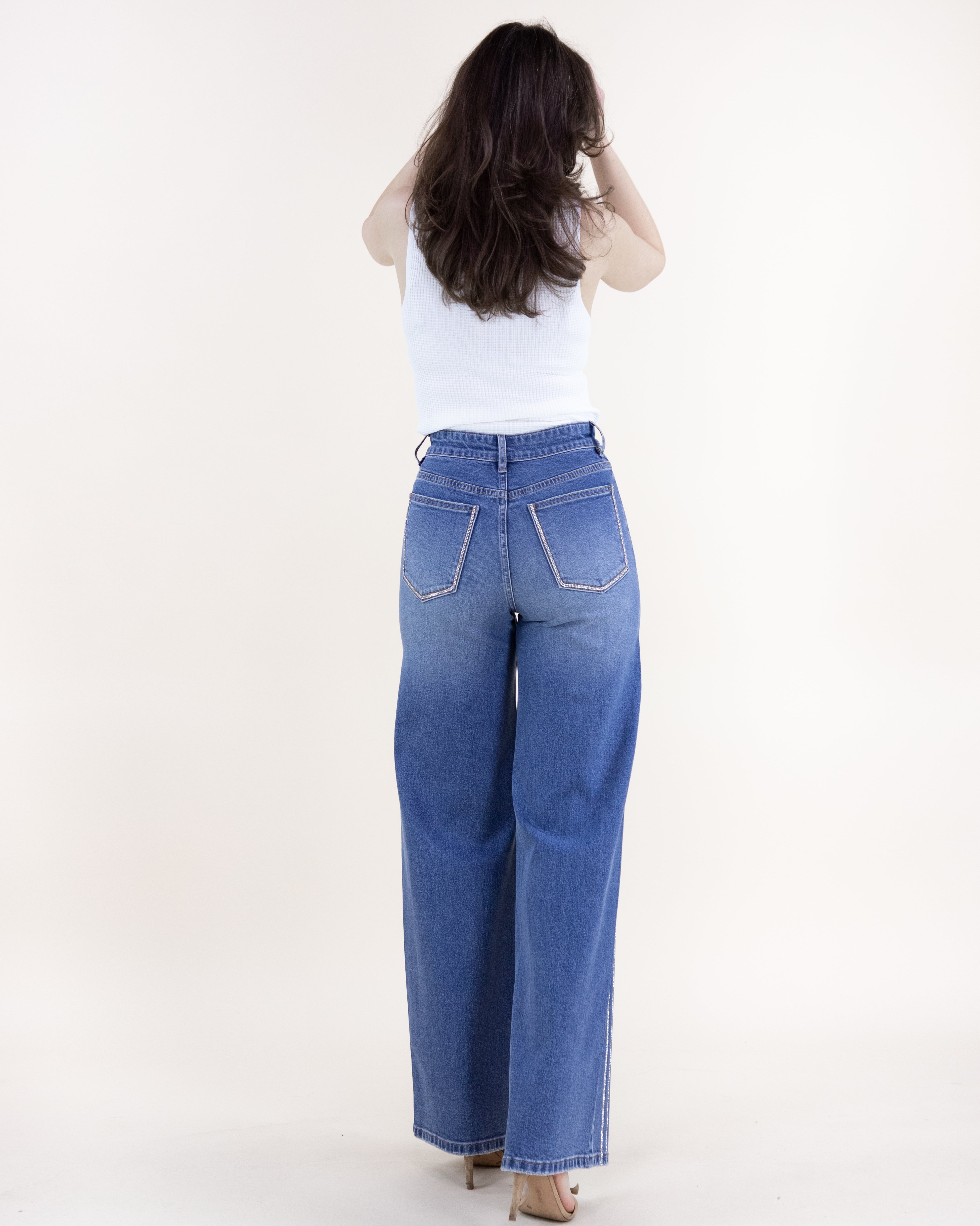 PLUS Curvy Pinstripe Rhinestone Embellished High Rise Ultra Wide Leg Jeans - DENIM  (XL, 1XL, 2XL) (Pack of 6)