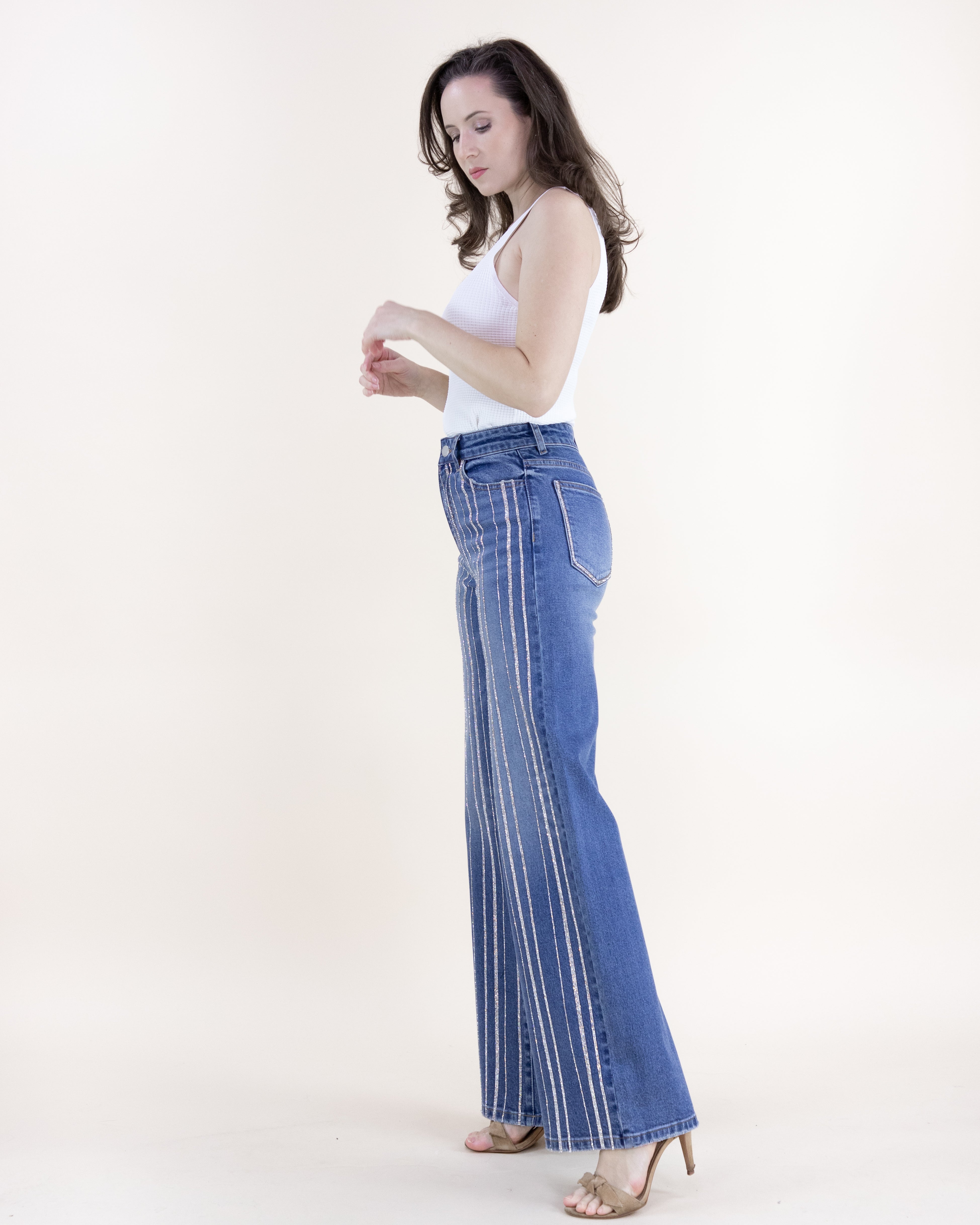 PLUS Curvy Pinstripe Rhinestone Embellished High Rise Ultra Wide Leg Jeans - DENIM  (XL, 1XL, 2XL) (Pack of 6)