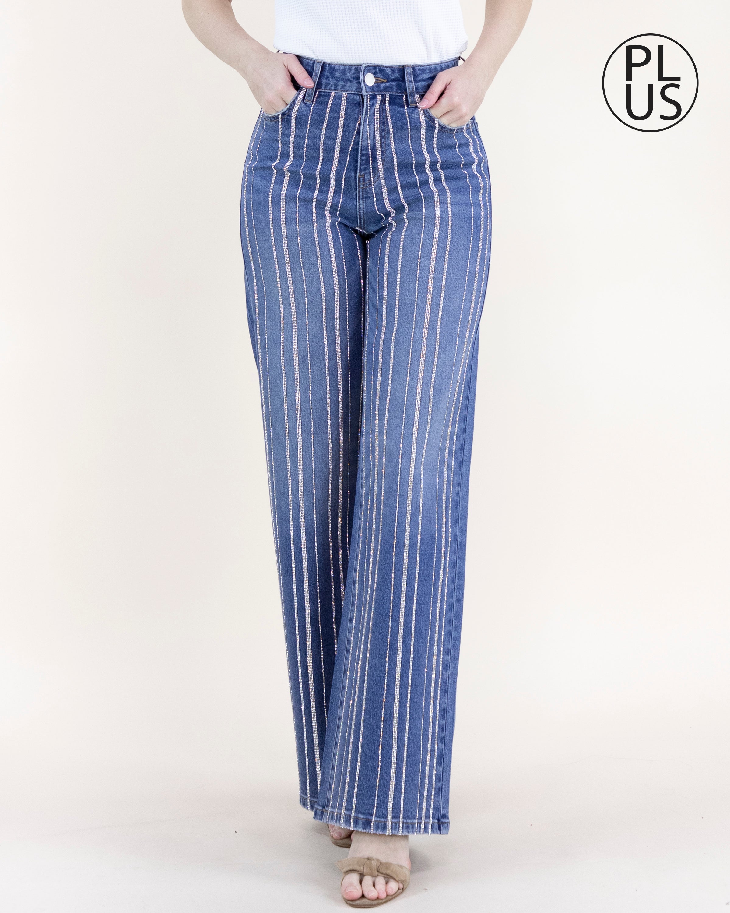 PLUS Curvy Pinstripe Rhinestone Embellished High Rise Ultra Wide Leg Jeans - DENIM  (XL, 1XL, 2XL) (Pack of 6)
