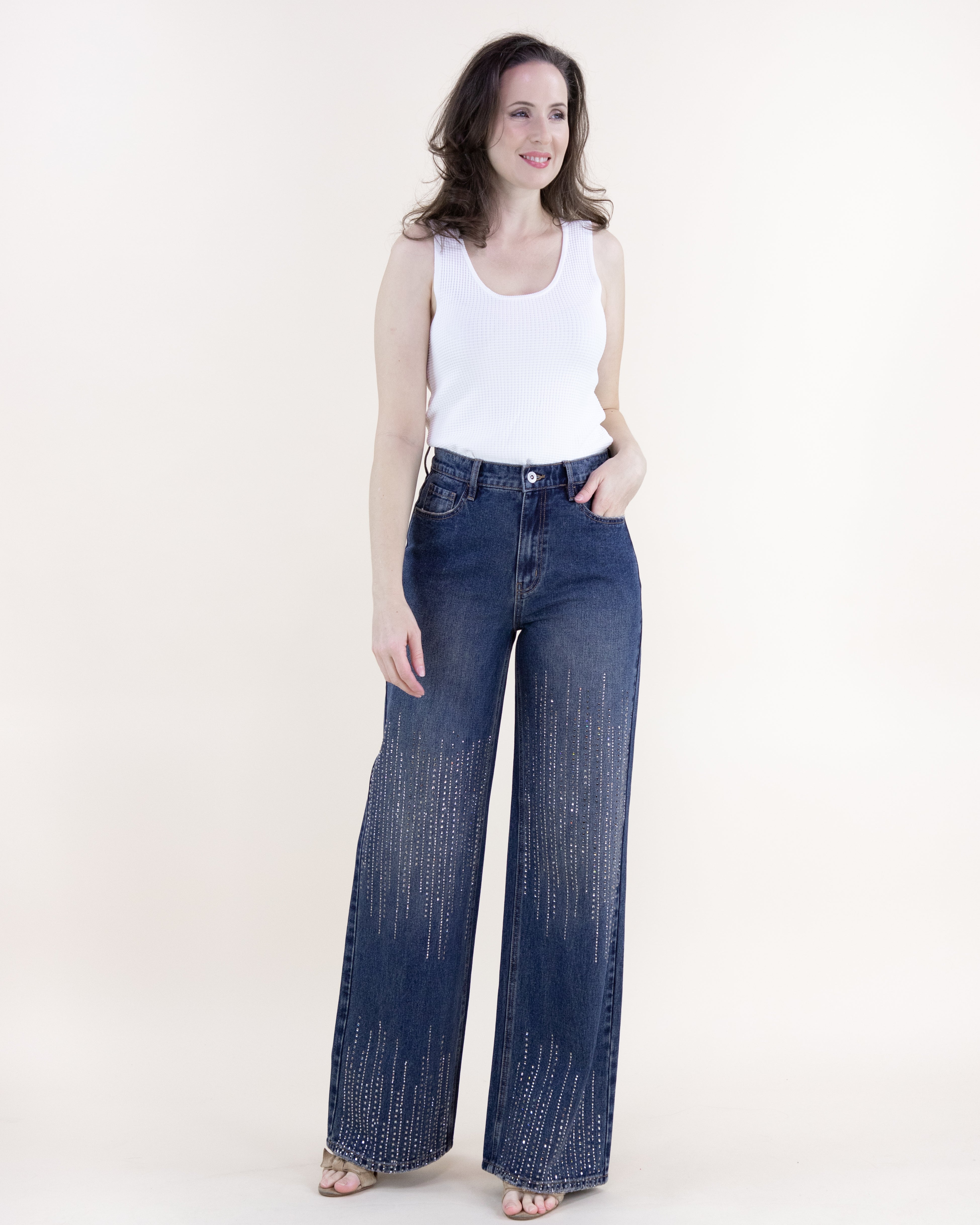 Square Rhinestone Lines Embellished High Rise Ultra Wide Leg Jeans - DENIM (S, M, L) (Pack of 6)